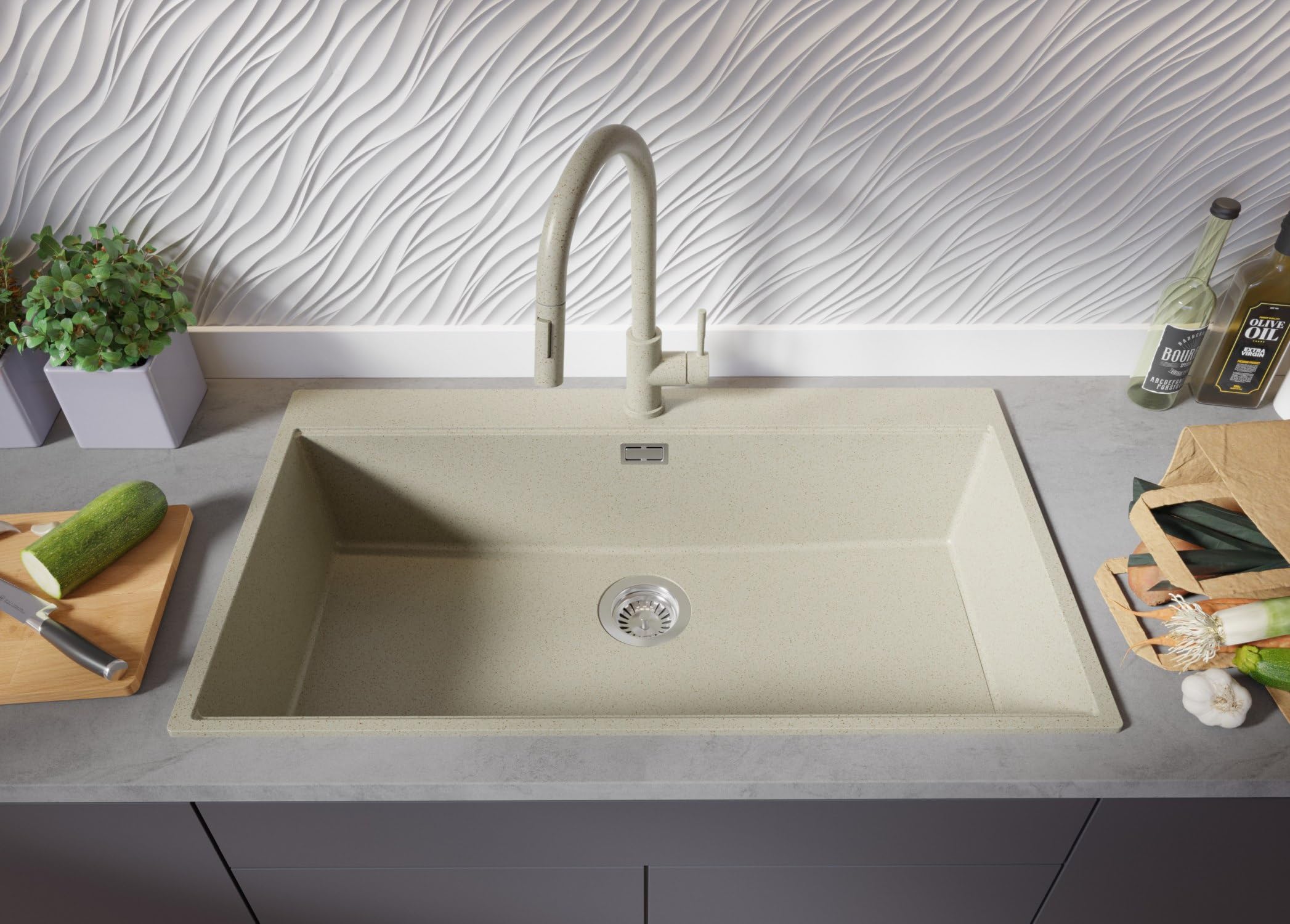 PRIMAGRAN Fregadero Granito Todo Beige - Oslo 90 Top, 88x50cm | Cocina 1 Seno + Grifo 40x20cm + Set de accesorios, sobre Encimera al Mueble 90cm (S702)