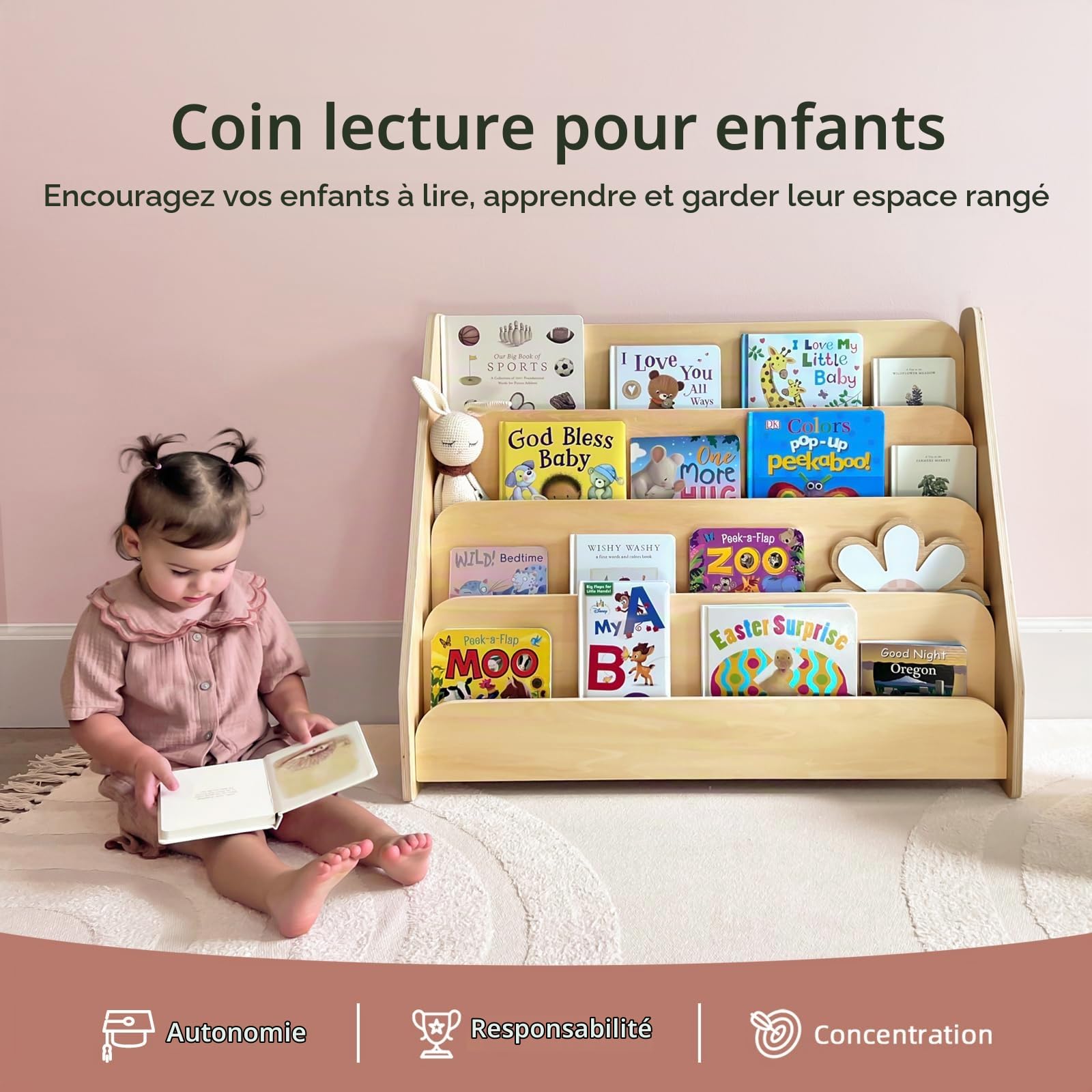 OOOK Étagère à livres pour Enfants, Présentoir Frontal en Bois à 4 Niveaux, Bibliotheque Enfant, Meuble Rangement Livre Enfant adapté à la salle de classe et à la salle de jeux