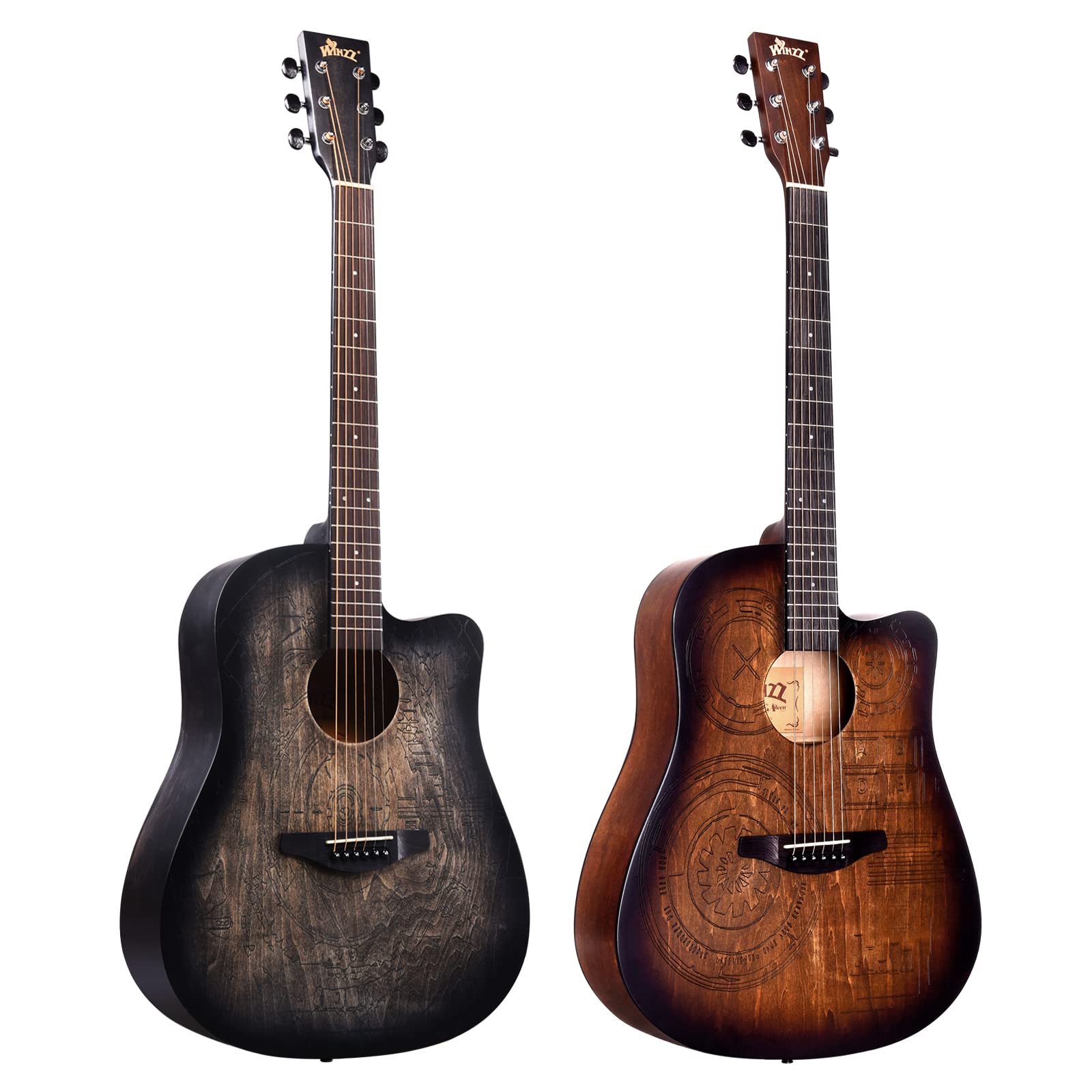 Winzz Guitare Acoustique 4/4 Débutant, Guitare Country et Folk 41 Pouces (Gravure Vintage) Noir