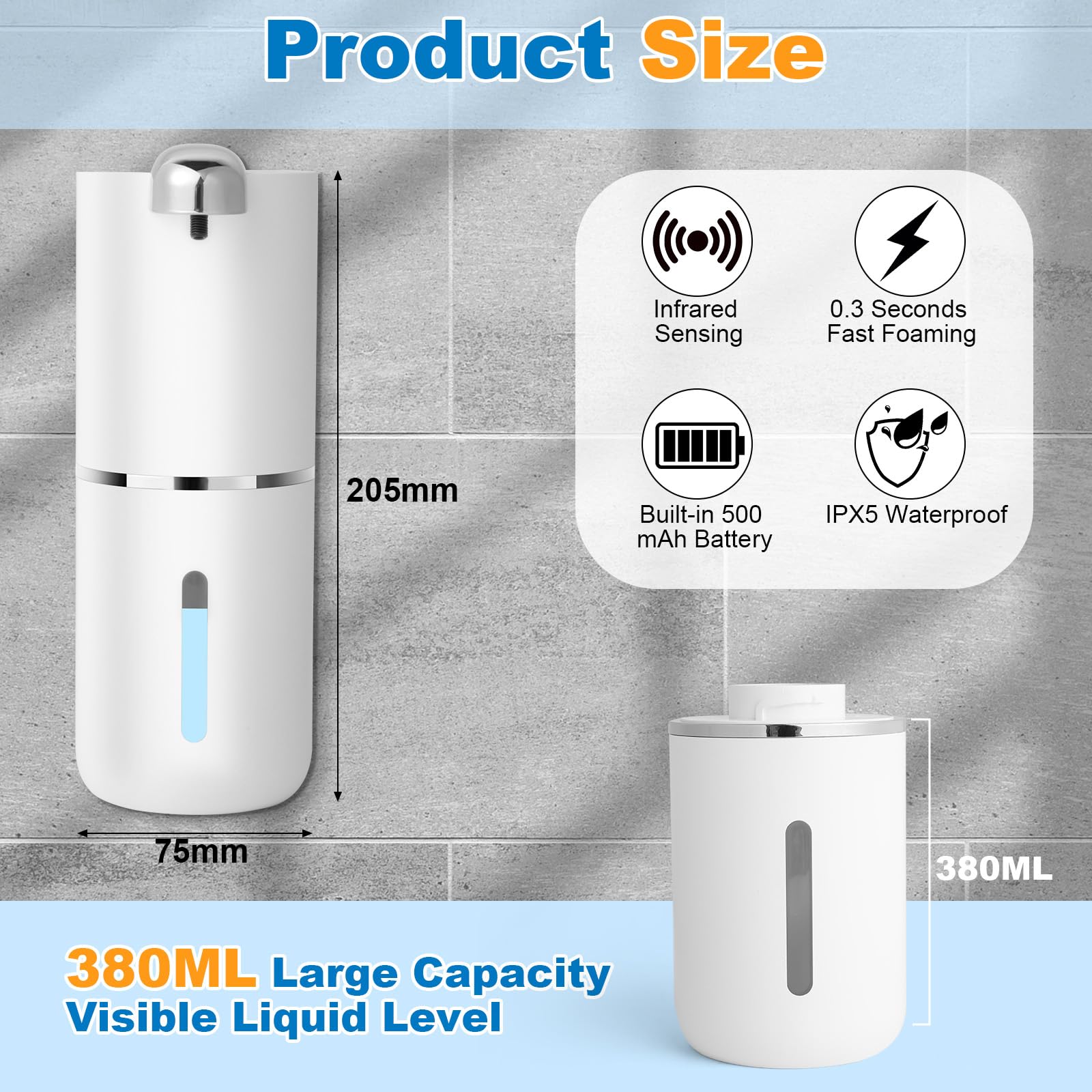 AiQInu Dispensador de Jabón Automático, Dispensador Pared, IPX5 Resistente, 4 Niveles Ajustables, USB C Sensor Dispenser Jabon Cocina, para Champú y Acondicionador, para Baño Hotel Oficina