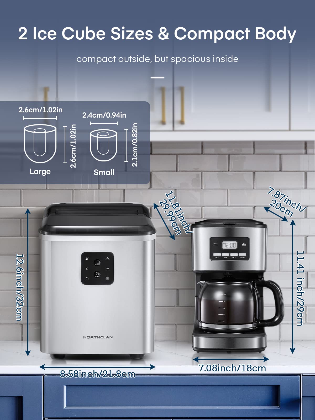 Máquina de cubitos de hielo autolimpiante NORTHCLAN, 14 kg 24 piezas, 3 tamaños de cubitos de hielo, 9 cubitos de hielo en 6 minutos, pantalla LCD y depósito de agua de 2,3 l, fabricador de hielo