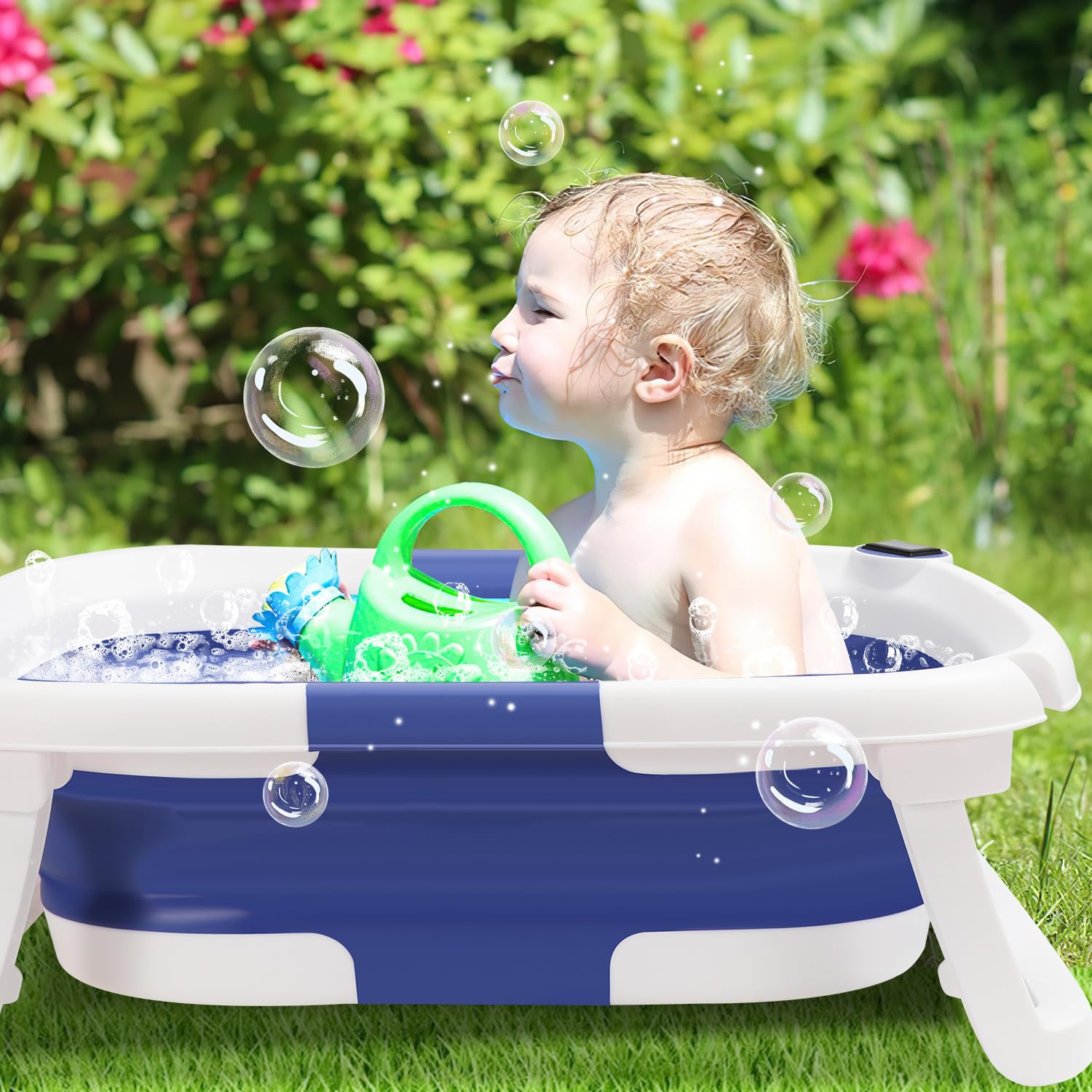 Baby Badewanne, Klappbare Badewannen, Dreifach Faltbare Bathtub, Kinderbadewanne mit Thermometer und Badematten-Stützpolster, Rutschfeste Matte, Baby Bathtub für Neugeborene Kleinkinder, Blau