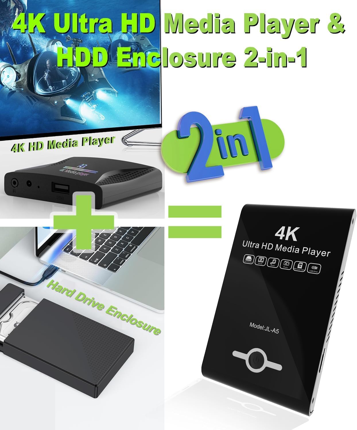 4K 60Hz UHD Media Player & HDD Enclosure 2-in-1,Play H.265/HEVC H.264/AVC MP4 MKV Videos MP3 Music JPG Photos,4K HDMI, Analog AV,USB 3.0, Type C,Supports SSD,2.5" SATA HDD with USB/SD Card Expansion
