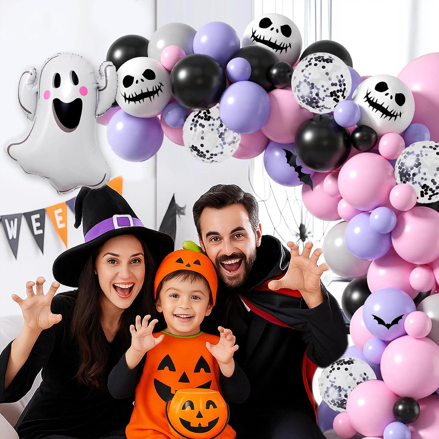 Halloween Balloon Garland Arch Kit in Pink Purple Black, Halloween Birthday Party Decorations for Girls, Cute Skull Ghost Pumpkin Balloon Set for Indoor Wall, Backdrop, Cake Table Décor - Image 4