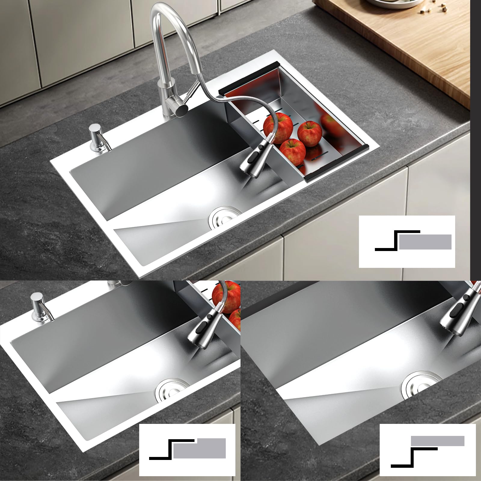 Fregadero Cocina 1 Seno 80 x 50 cm Fregadero Bajo Encimera o Sobre Encimera Con Grifo Fregadero de Acero Inoxidable con Juego de Desagüe