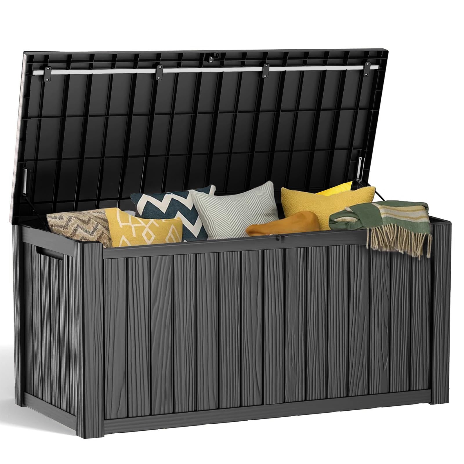150 Gallon Deck Box,Resin Outdoor Storage Box with Lockable for Patio Furniture, Pool Accessories, Garden Tools Waterproof Outside Storage Box, BLACK