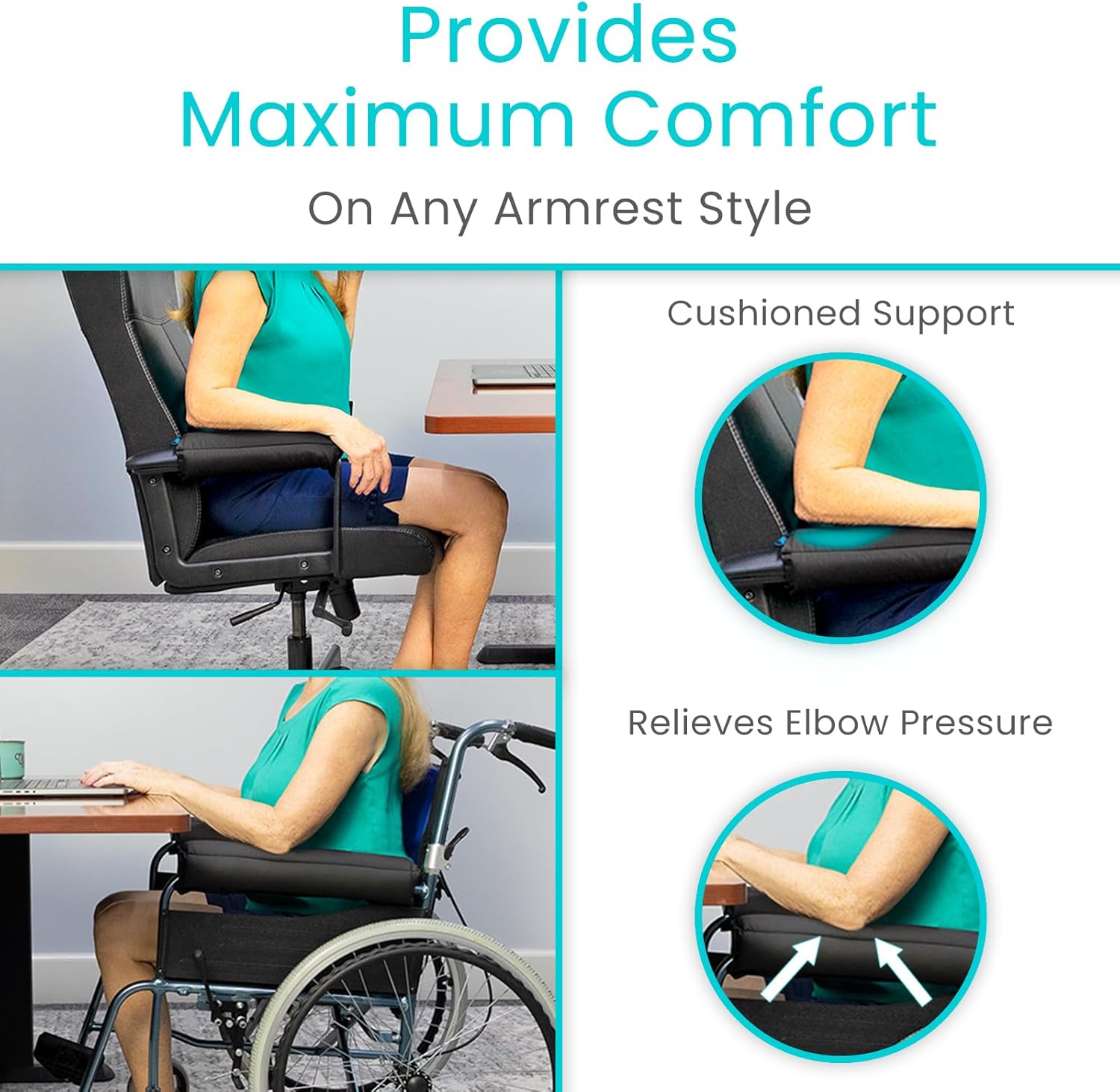 Vive Wheelchair Armrest Pads (2 PCS) - 2-in-1 Reversible Colors - Soft Cushion Arm Rest Accessories for Office Desk Transport Electric Wheel Chairs - Pressure Relief, Non-Slip - Easy-Clean Design