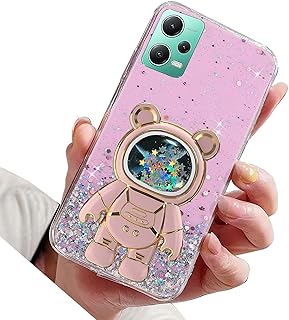 Miagon Bear Astronaut Glitter Stand Case for Xiaomi Redmi Note 12 4G,Bling Transparent Soft Quicksand Protective Slim Shockproof Cover with Astronaut Holder Kickstand,Pink