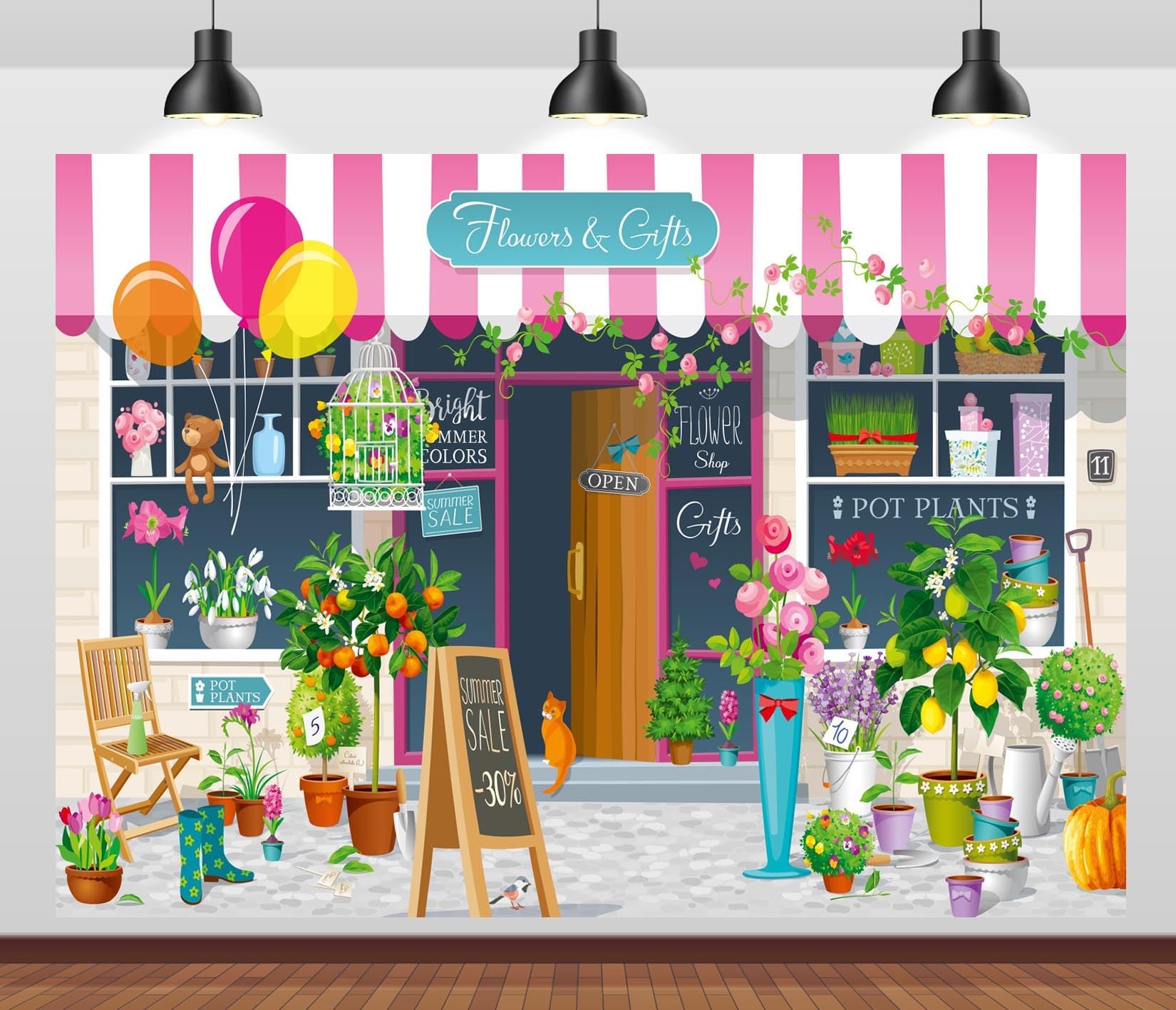 BELECO 7x5ft Fabric Flowers Shop Backdrop Flowers and Gifts Pot Plants Gardening Tools Background Flower Shop Theme Party Decorations Photo Booth