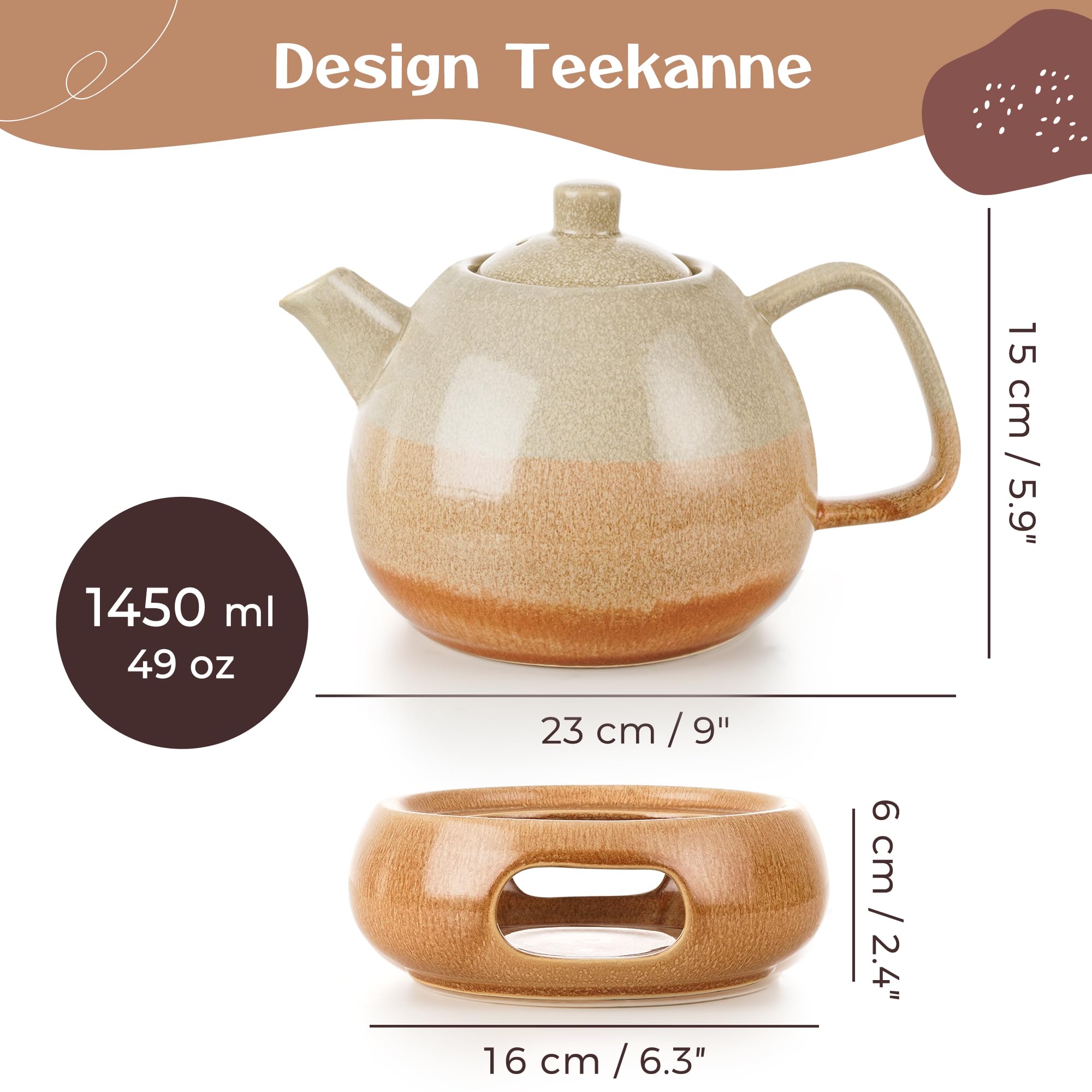 Keramik Design Teekanne mit Stövchen und Sieb - 1,4 l - Sandbeige