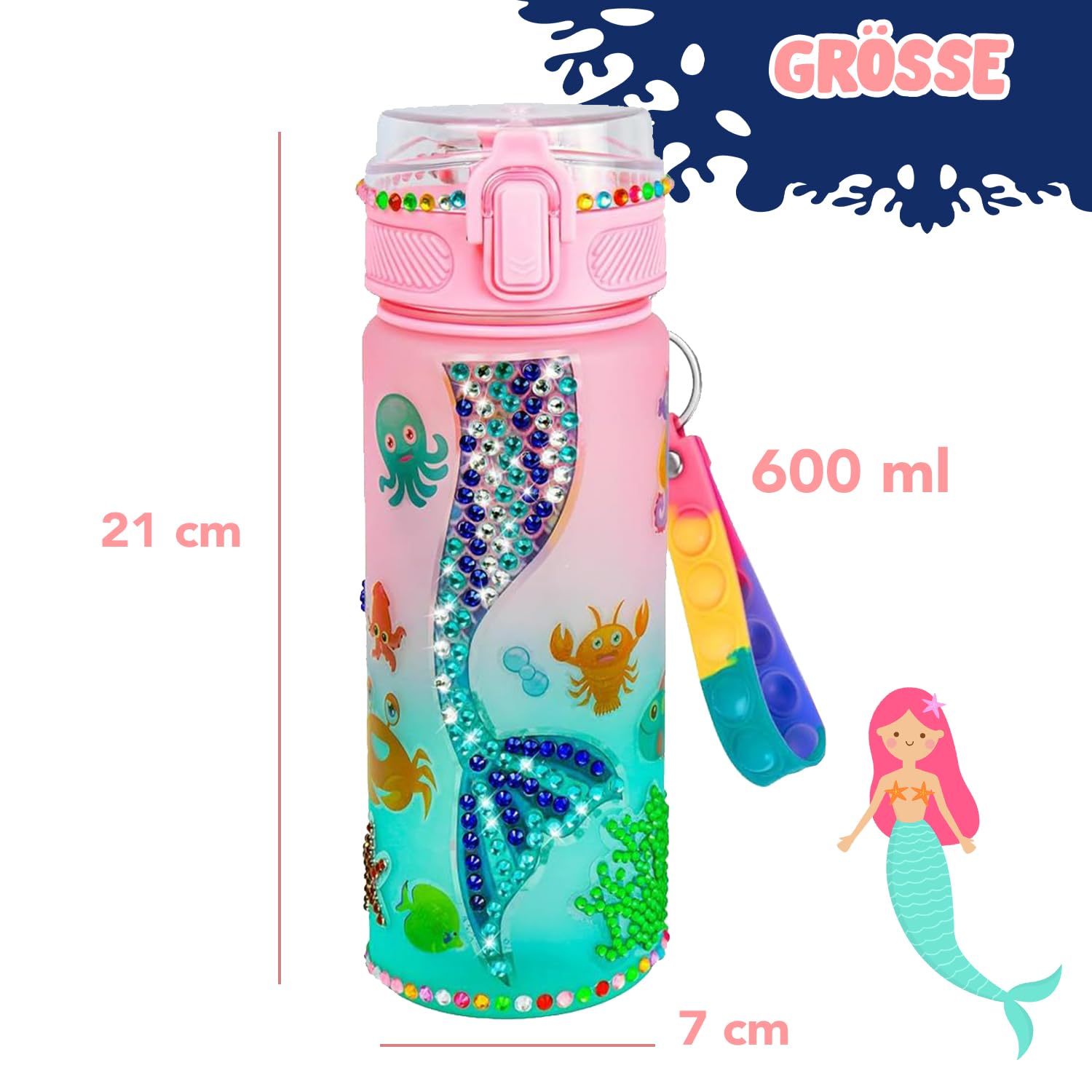 Personalisiert Trinkflasche Für Mädchen - 600 Ml, Auslaufsicher, Mit Juwelen-Aufklebern Zum Selbstgestalten - Ideal Für Schule, Sport & Kindergarten