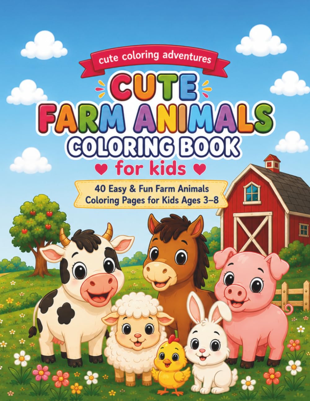 Cute Farm Animals Coloring Book for Kids: 40 Easy & Fun Farm Animals Coloring Pages for Kids Ages 3–8 (Cute Coloring Adventures)
