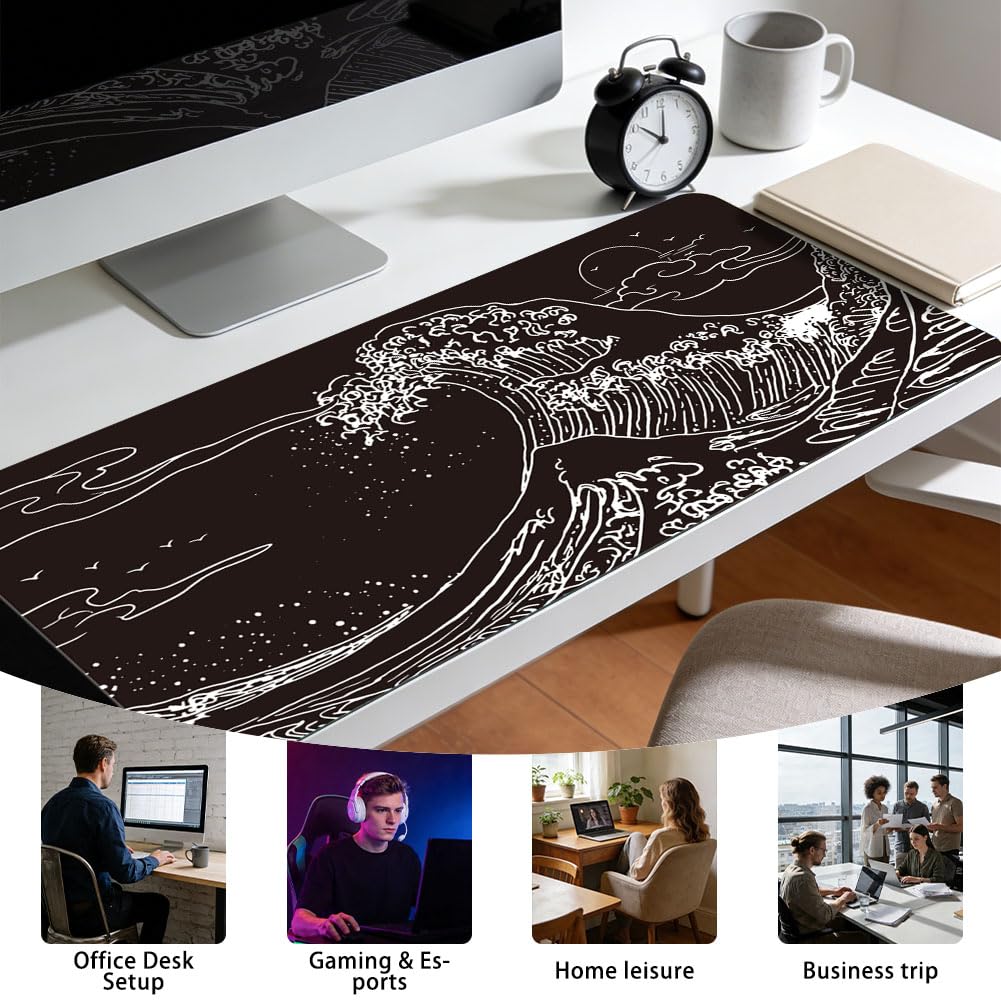 Wellen Schreibtischunterlage Für Tastatur Und Maus Japanischer Stil Großes Gaming Mousepad Mit Rutschfester Basis 800×400×3mm