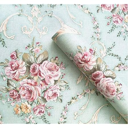 Vintage Light Green Rural Rose Adhesive Paper Shelf Liner Funitures Dresser Drawer Cabinet Decor 17.7 Inch by 96 Inch