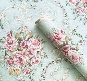 Vintage Floral Self Adhesive Wall Paper Shelf Liner Funitures Dresser Drawer Cabinet Decor Paper Green, 17.7inchX100inch8.2Ft