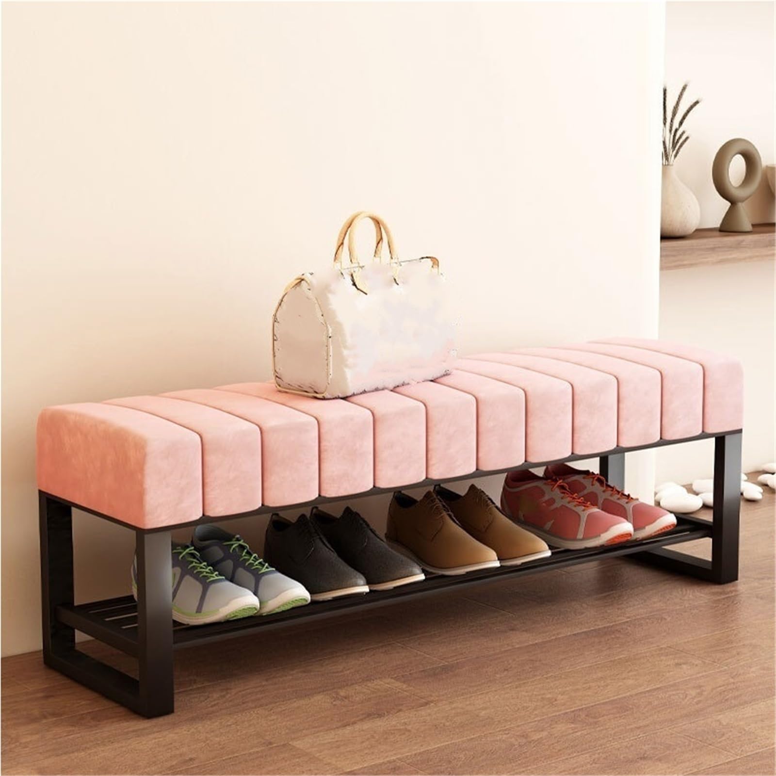GHFXSCV Pink Entryway Bench with Storage, Cushion Seat Shoe Rack nizer, Metal Frame Small End of Bed Bench for Living Room, Hallway, Entrance - 100cm