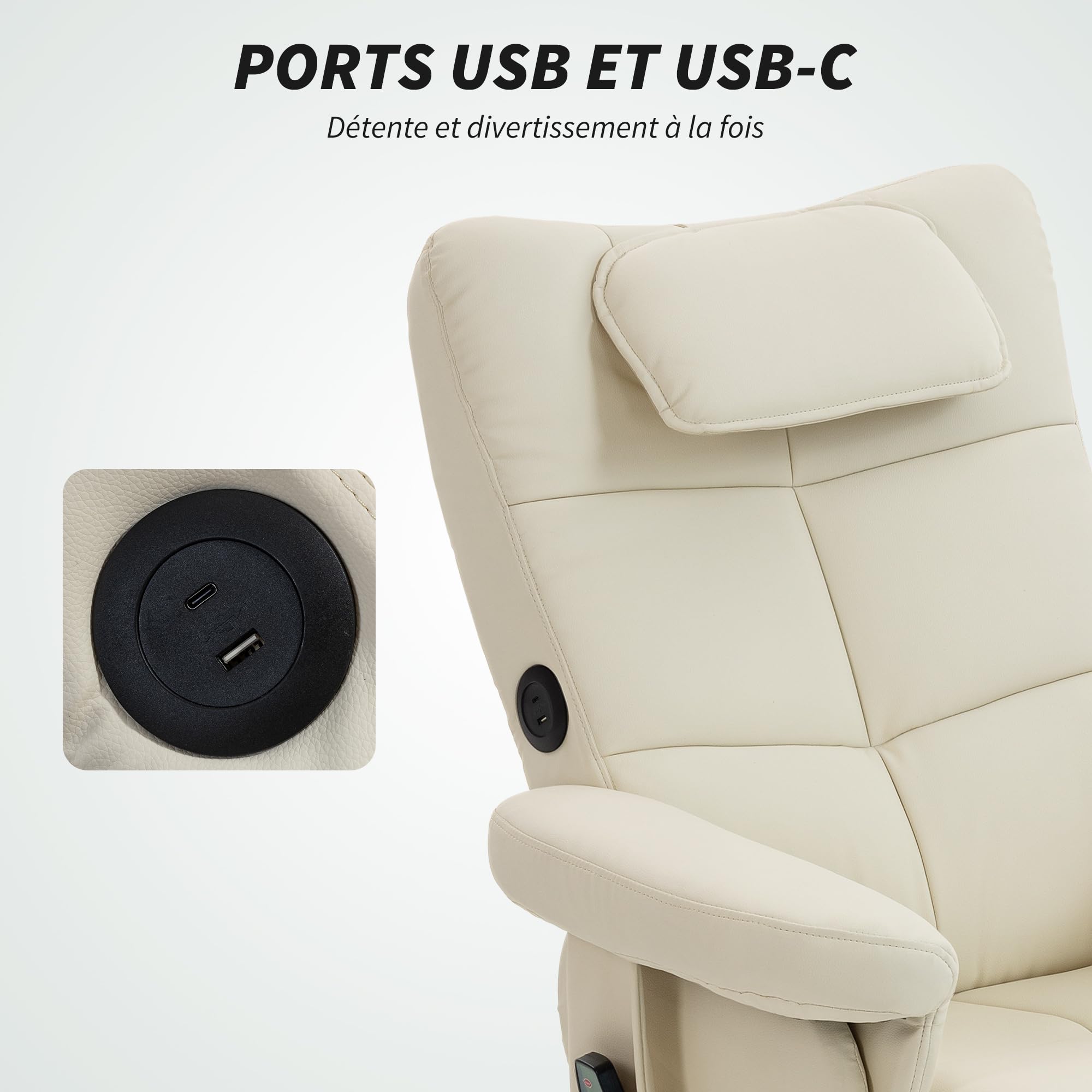 HOMCOM Fauteuil massant avec Repose-Pied Fauteuil Relax Salon - Dossier inclinable jusqu'à 135°, Coffre de Rangement, appuie-tête et télécommande - revêtement synthétique crème