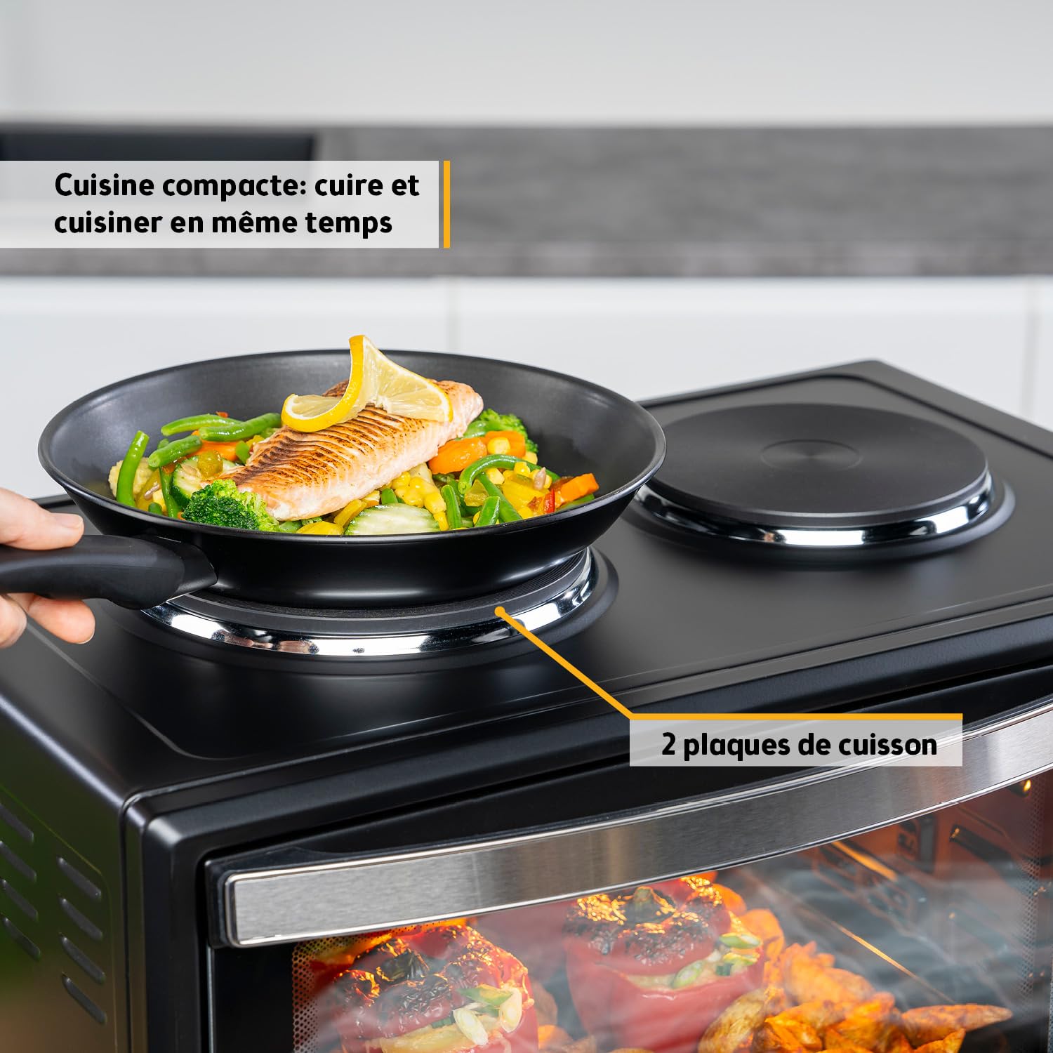 TZS First Austria - Mini-Four avec plaques de cuisson 45L 3200 W - Four à pizza jusqu'à 230°C & revêtement antiadhésif - Multifonction avec 4 hauteurs d'insertion & accessoires de haute qualité