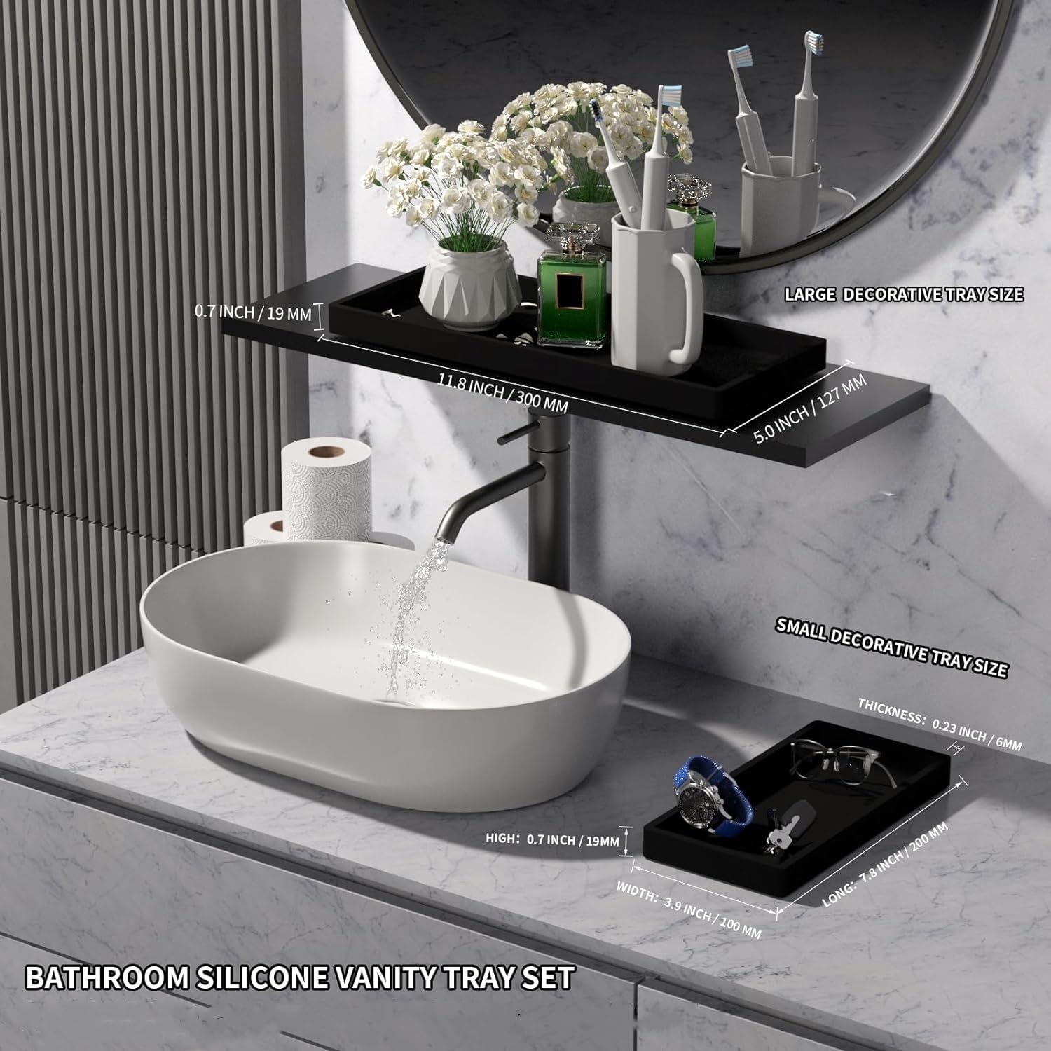 Set De 2 Plateaux Rectangulaires Noirs Antidérapants Pour Salle De Bain Ou Cuisine