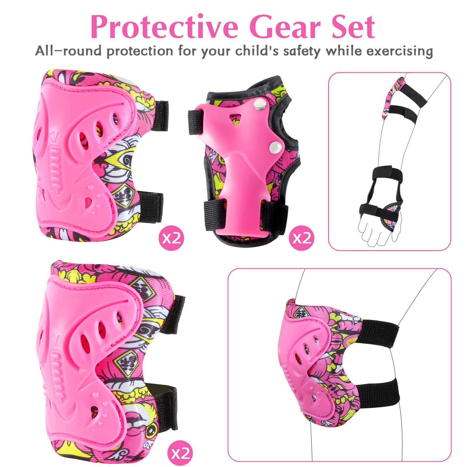 Casco Bici per Bambini Protezioni Set Casco Regolabile con Ginocchiere Gomitiere e Polsiere per Ciclismo Roller Scooter Skateboard Bici 52-58 cm Adatto a bambini 3-12 anni