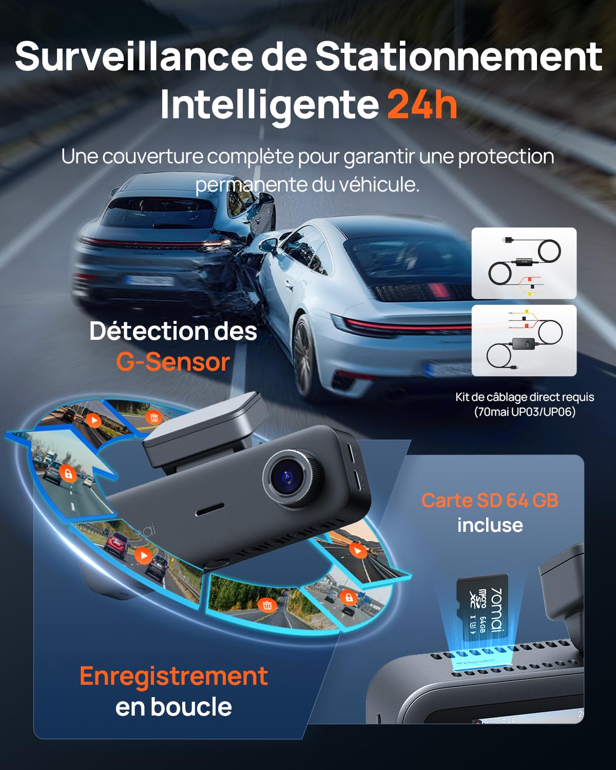 70mai Dashcam Voiture 4K T800E à 3 Canaux, Caméra Triple Avant et Arrière 4K+1080P+1080P avec HDR, Vision Nocturne IR, Mode Parking, F1.55, GPS, Supercondensateur, Contrôle Vocal, Carte MicroSD 64 Go