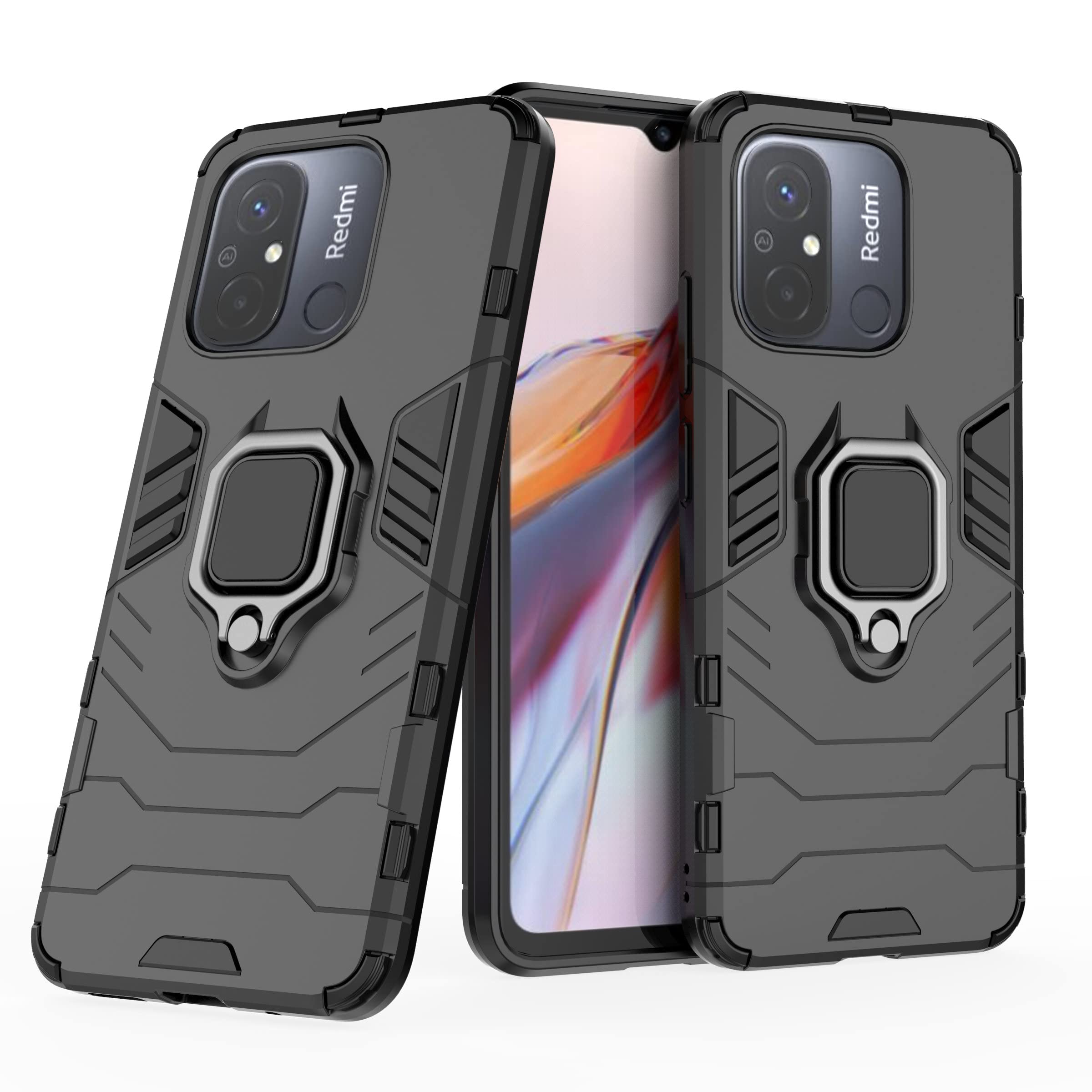 Case for Xiaomi Redmi 12C/Redmi 11A/Poco C55,Hybrid Heavy Duty Protection Shockproof Defender Kickstand Armor Case Cover,Black