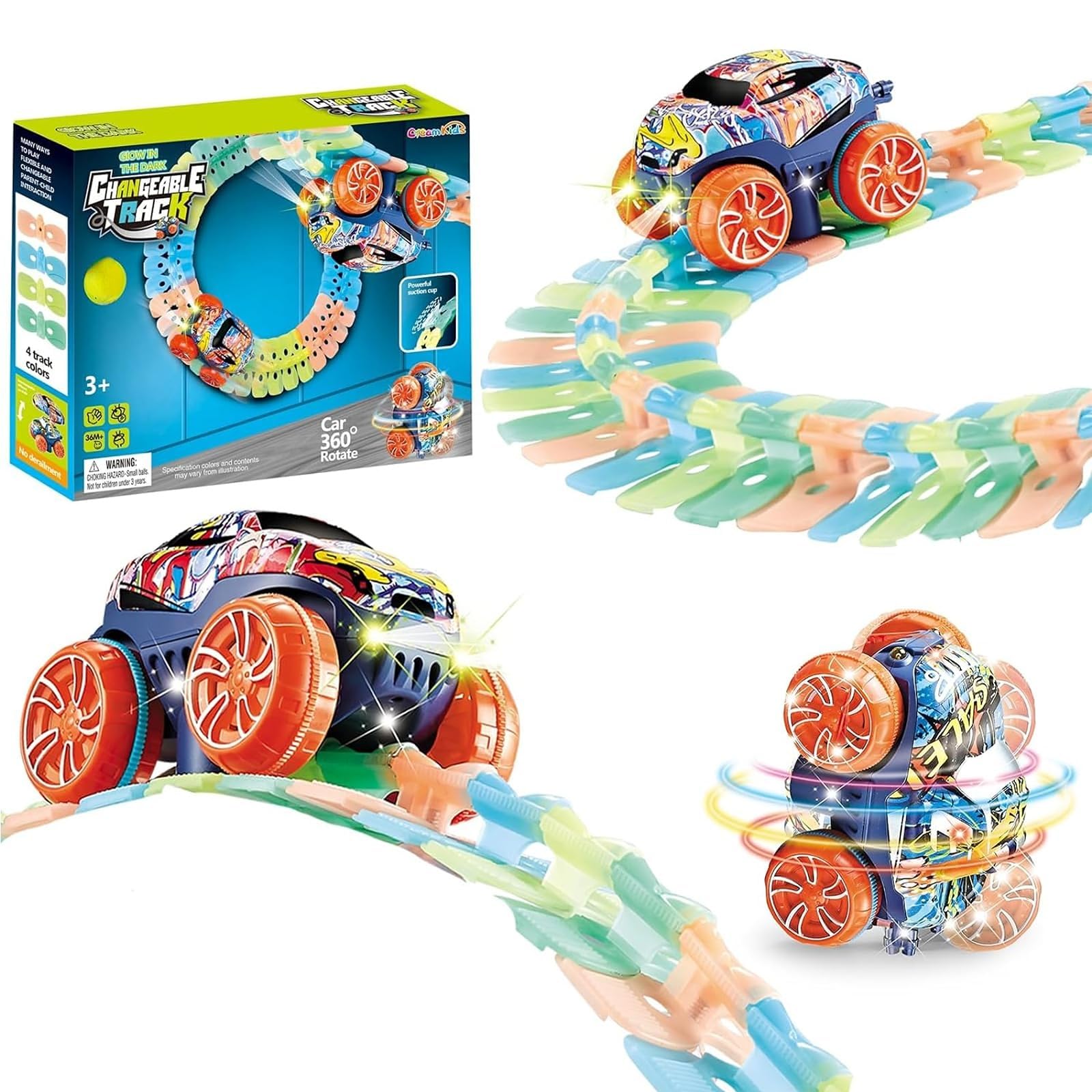 CREAM KIDS Race Track Car Toys Set,Slot Cars Race Tracks,360° Rotation Racing Car with Lights,Flexible Wall Crawling Race Track,Children Christmas birthdays gift for 3-12 years old(112pcs)