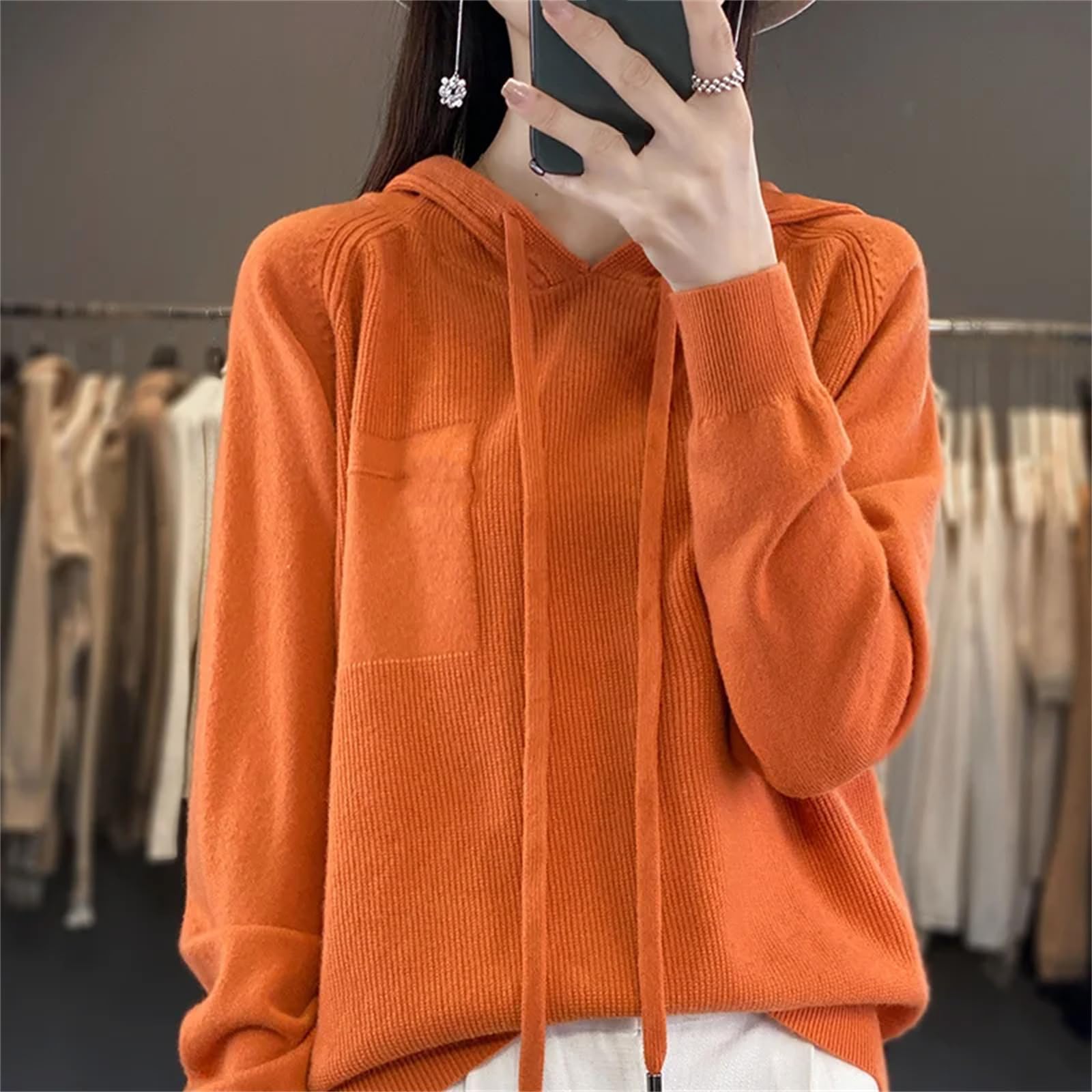 Felpa con cappuccio da donna con cappuccio in maglia maglione invernale da donna con cappuccio in cashmere arancione, Arancione, L