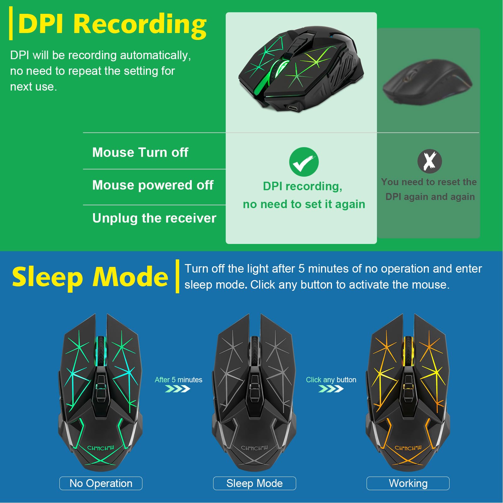 CHONCHOW Rechargeable Wireless Gaming Mouse, Colorful LED Lights, 7 Buttons, USB C, Up to 3200 DPI, 2.4Ghz Cordless Computer Gamer Mice with Side Buttons for PC Laptop Mac Chromebook Windows, Black