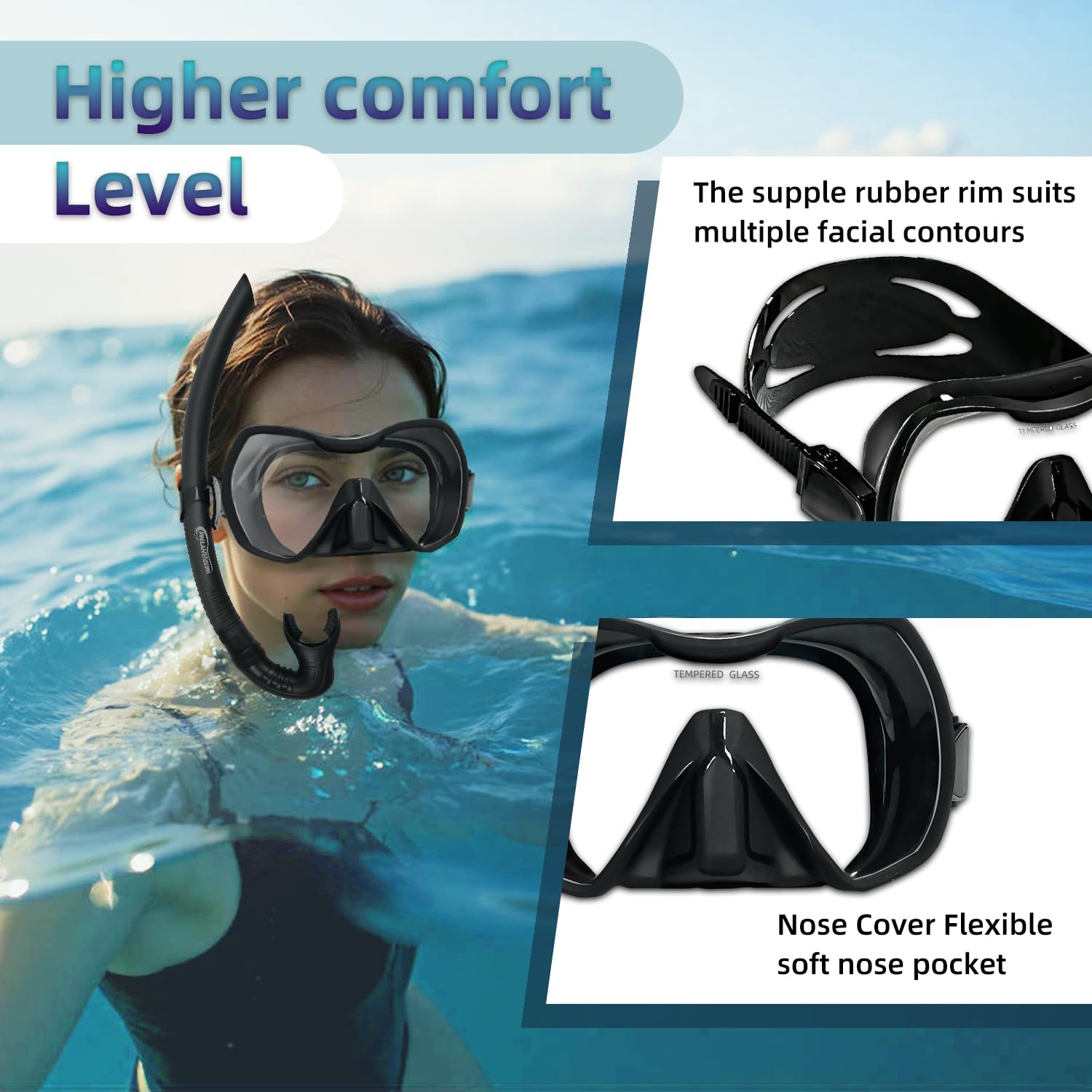 M120 - Máscara de buceo panorámica HD de silicona, antivaho de 180°, gafas de buceo de vidrio templado, gafas de buceo para adultos y jóvenes, gafas de natación para buceo, esnórquel y