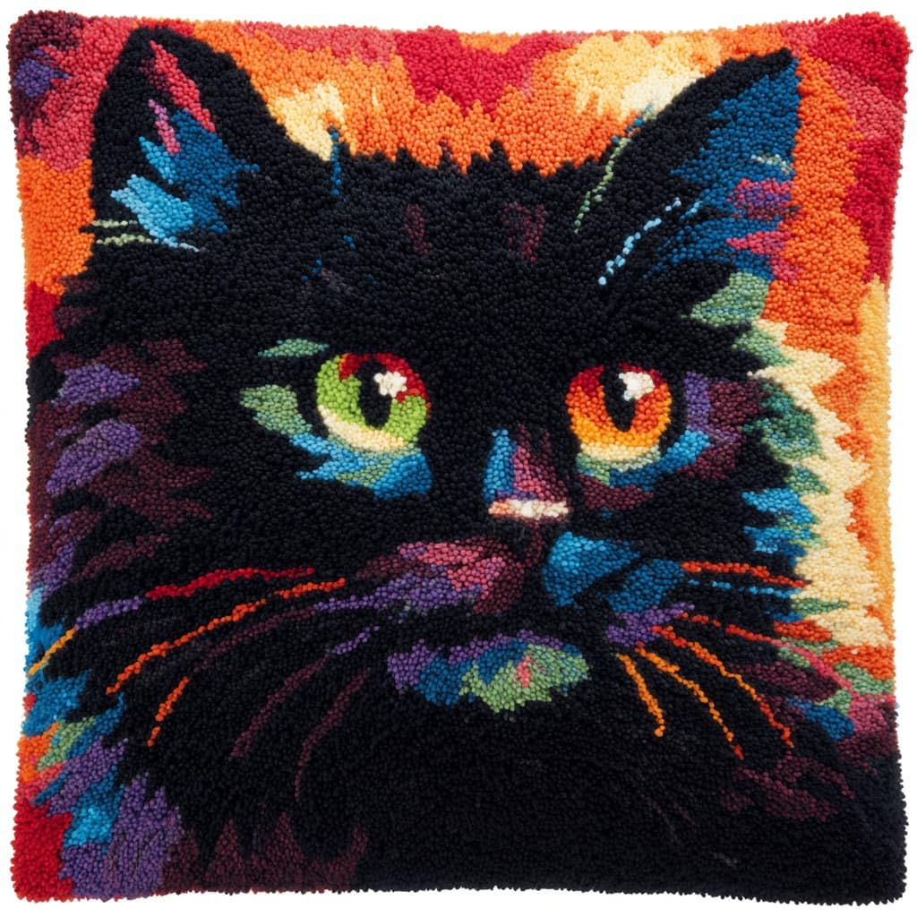 Taxpy Latch Hook Pillow Case Embroidery Kits, Black cat DIY Needlework Latch Hook Cushion Cover Kits,Sofa Cushion Cover,17x17inch