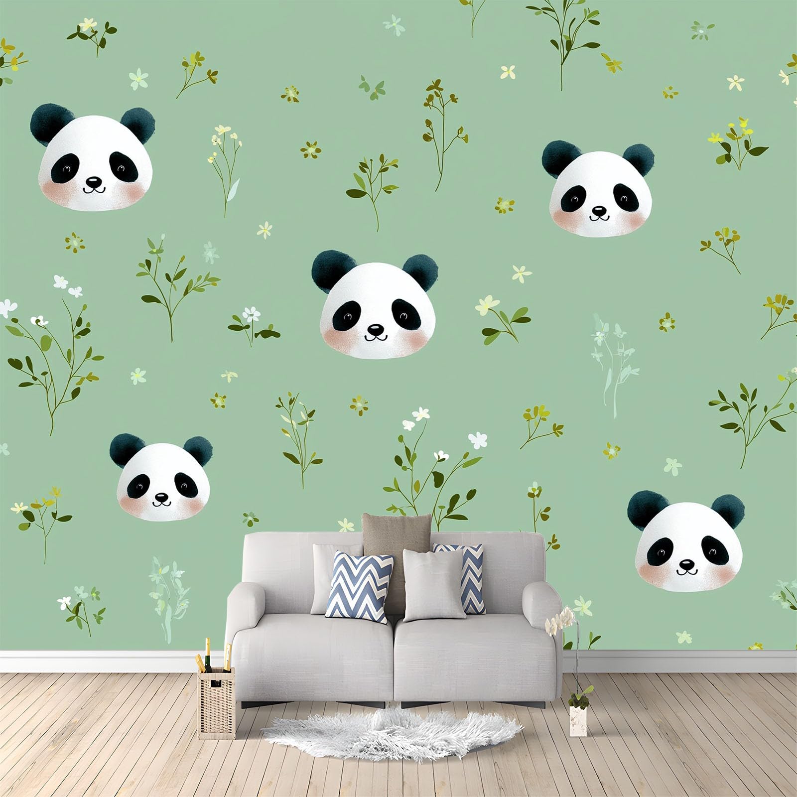Fototapeta z włókniny, efekt 3D, 200 x 140 cm, kreskówka, zwierzęta, panda, wzór kwiatowy, rośliny, szałwia - panoramiczny obraz ścienny do salonu i sypialni, korytarza, duża dekoracja ścienna, tapeta