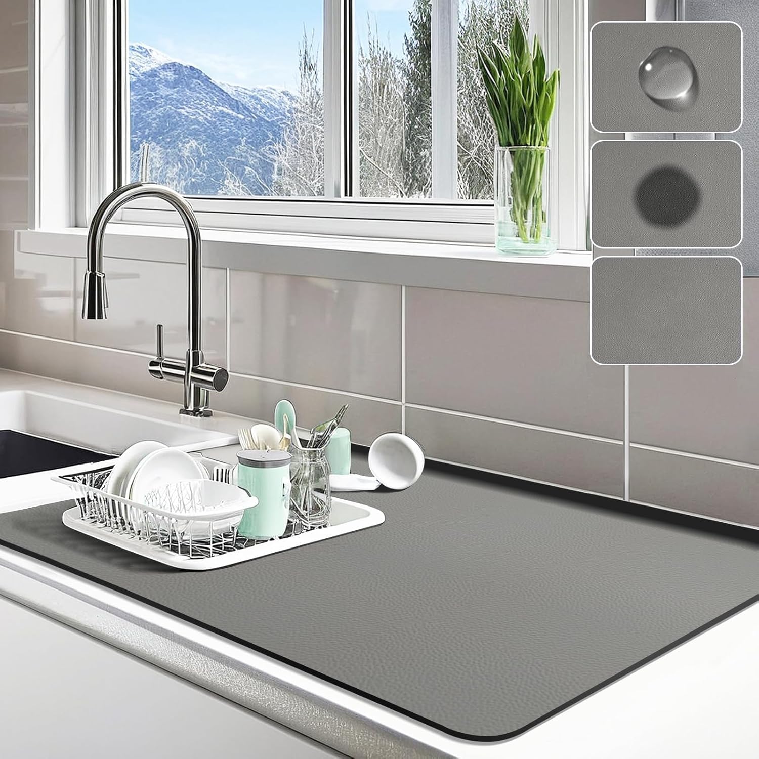Dish Drying Mat,Super Absorbent Draining Mat for Kitchen Counter,Diatomite Drying Mat with Non Slip Rubber Backed，Quick Dry Coffee Mat Dish Mat (Grey, 40x50cm)