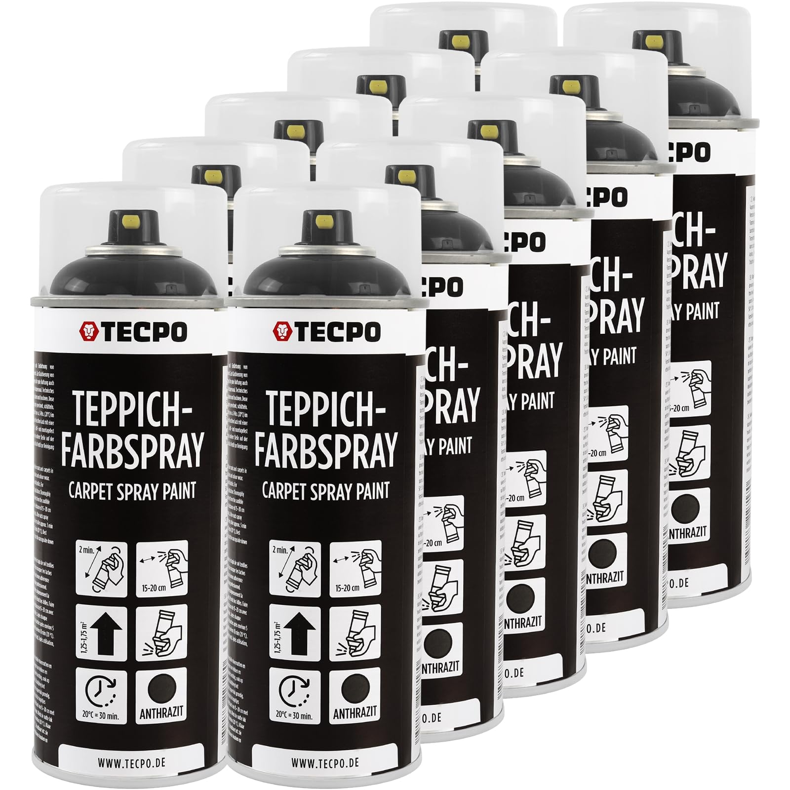 TECPO Spray de pintura para alfombras, 10 x 400 ml, color antracita, para alfombras, alfombrillas de coche, tejido de goma, plástico, tratamiento interior