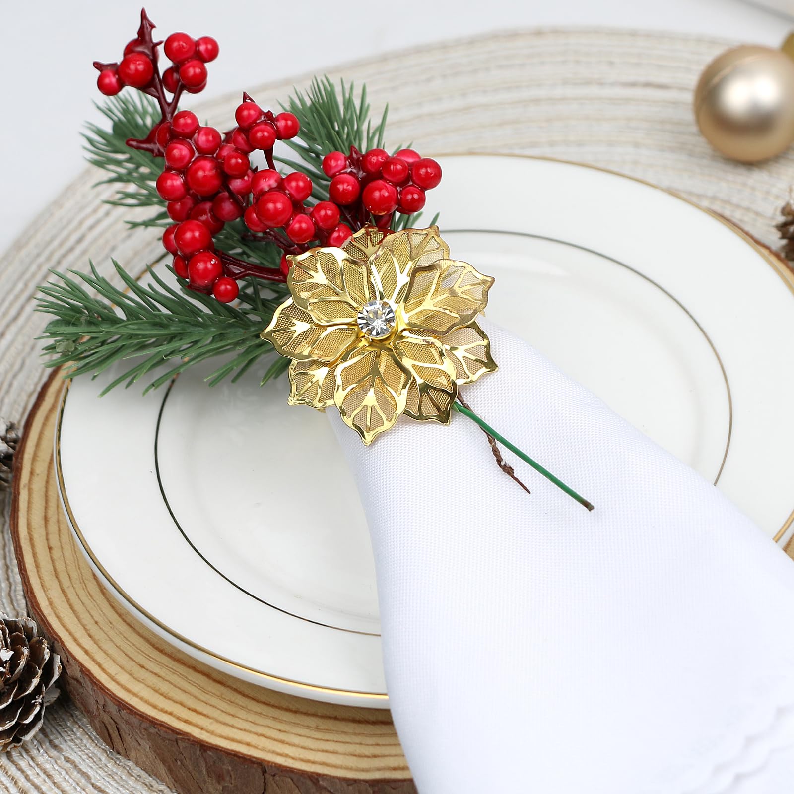 LARDUX 12 PCS Napkin Rings-Hollow Out Floral Exquisite Alloy Napkin Ring Holders for Wedding Christmas Thanksgiving Holiday Banquet Dinner Table Serviette Buckles Decor Favor-Gold - Image 4