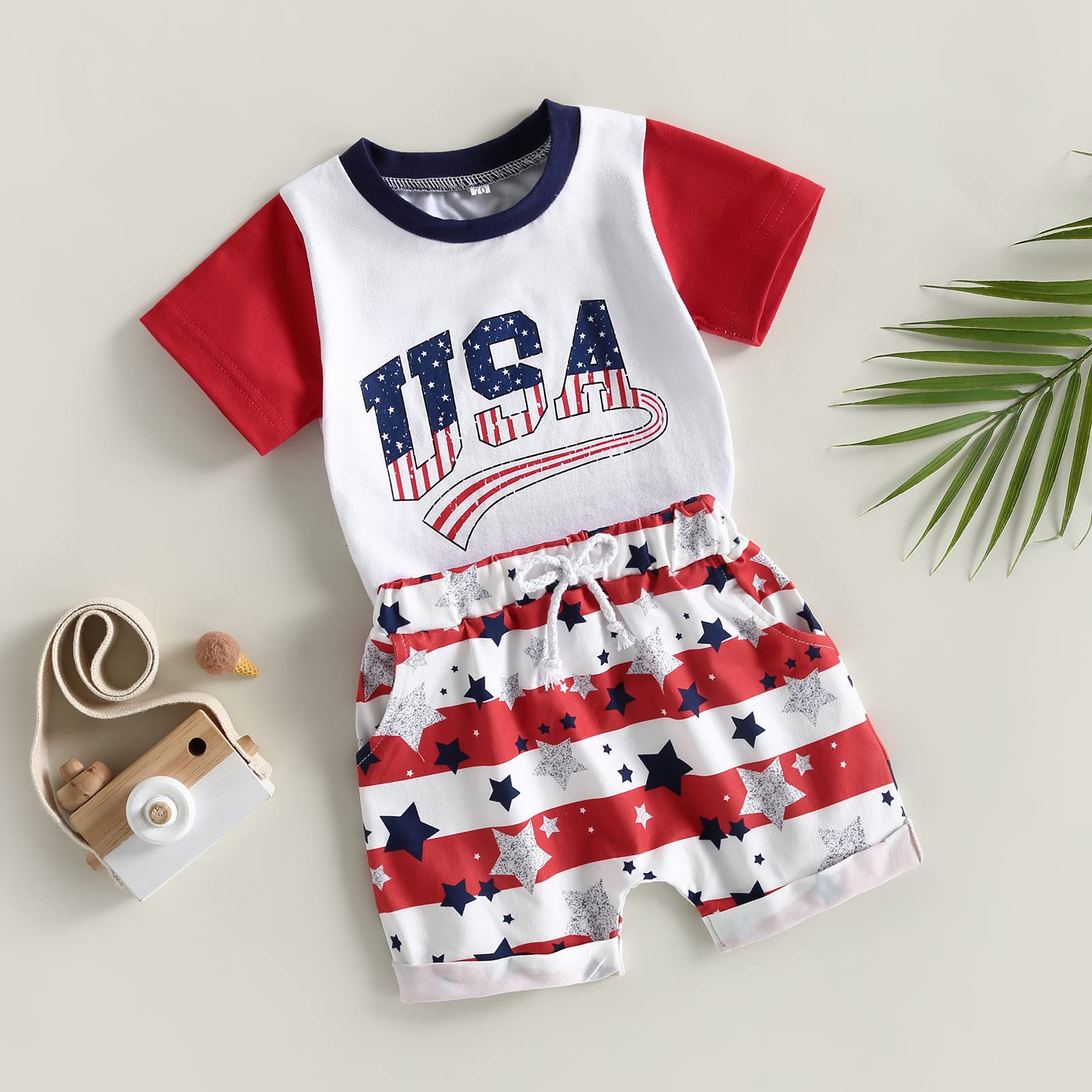 4th of July Baby Boys Outfit American Flag USA Letter Print Shirt and Shorts Set Summer Toddler Infant Boy Clothes (#12 USA-White Red Blue, 6-12 Months)
