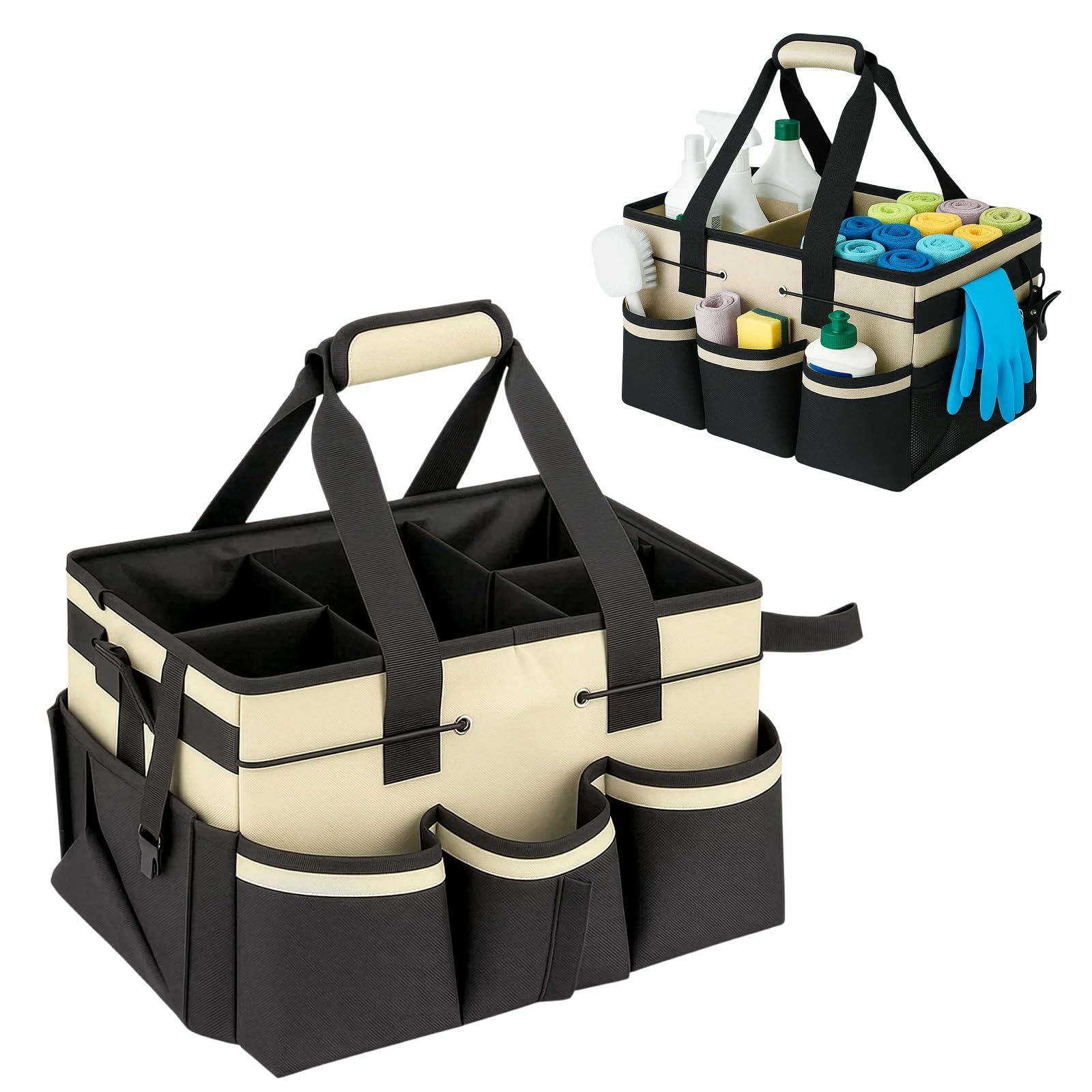 M.J COMFY-LIFE Cleaning Caddy Organizer with Handle, Large Multi-Compartment Cleaning Tote Bag with Removable Dividers, Adjustable Shoulder Strap & Waist Belt for Cleaning Supplies (White)