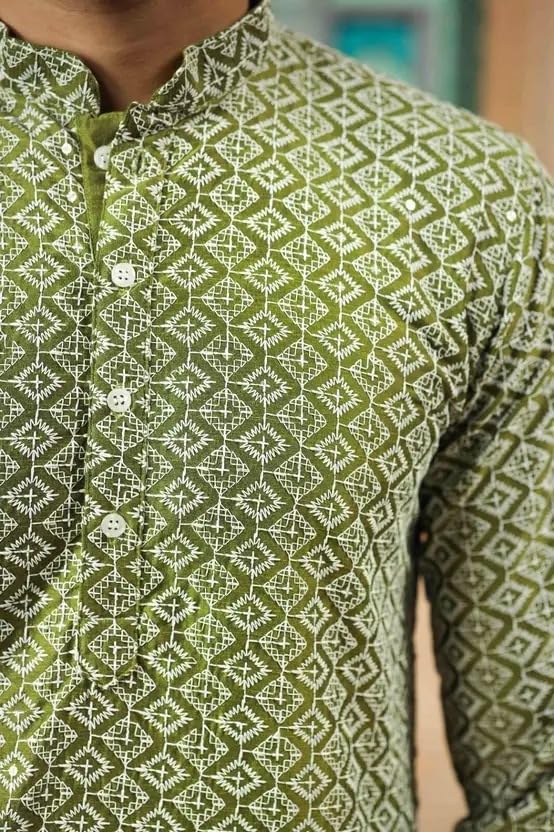 Image of LookMark Men's Printed Silk Blend Kurta with Mandarin Collar, Full Sleeves, Straight Fit Traditional Ethnic Wear
