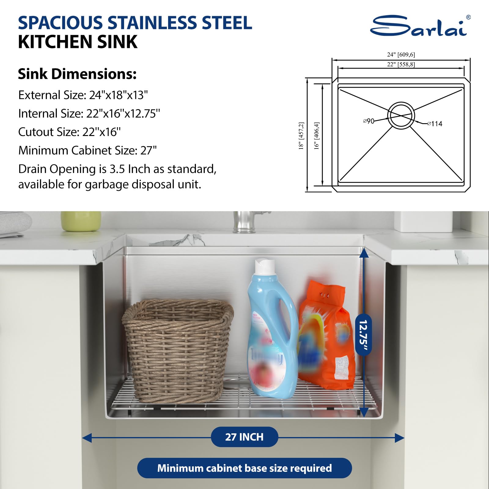 Sarlai 24" Undermount Laundry Sink - Stainless Steel -4 Sarlai 24" Undermount Laundry Sink - Stainless Steel -4