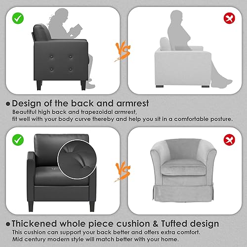 Miniatura 8 de STHOUYN Juego de 2 sillas decorativas, silla de piel sintética negra, sillas modernas de mediados de siglo, acogedora silla de lectura de oficina
