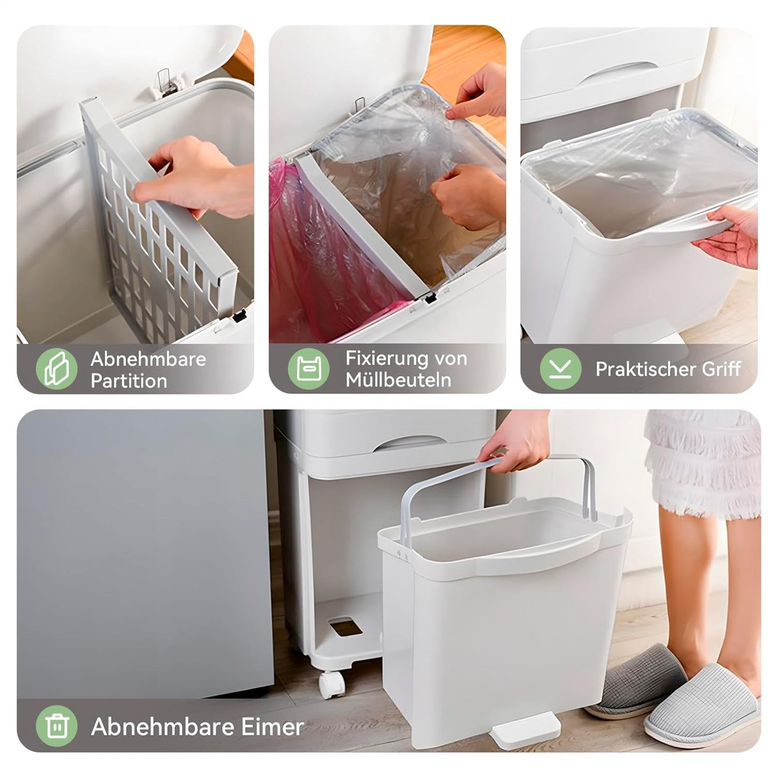 Generisch Mülleimer Küche 3 Fächer, Geruchsdichter Mülleimer Küche, 42L Extra Großer Abfalleimer Mit Rollen, Recycling Große Abfalleimer, Für Küches, Badezimmer, Büro