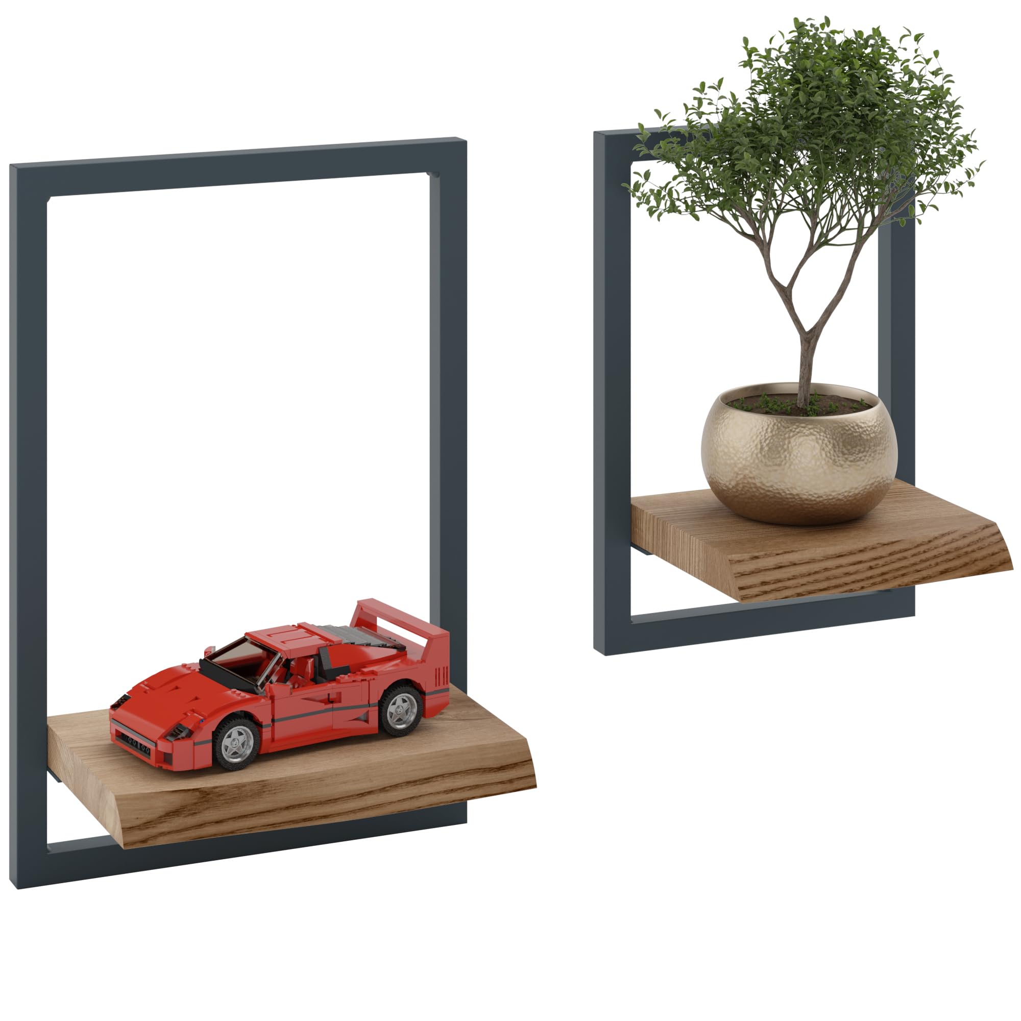 LAMO Manufaktur Étagères murales Set 2pcs 15/20cm | Petite étagère en Bois pour Chambre, étagère Murale Cuisine | Couleur: Marron Noisette, Cadre: Anthracite