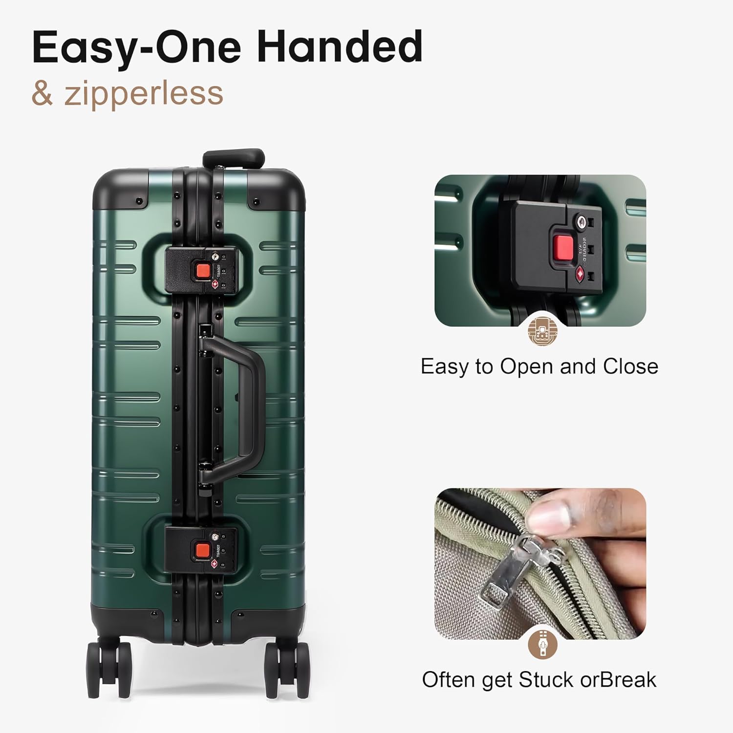 VentureVault All Aluminum 24 Inch Check In Luggage Hard Shell Suitcases with Spinner Wheels and TSA Lock, Checked Medium Suitcase (Dark Green)