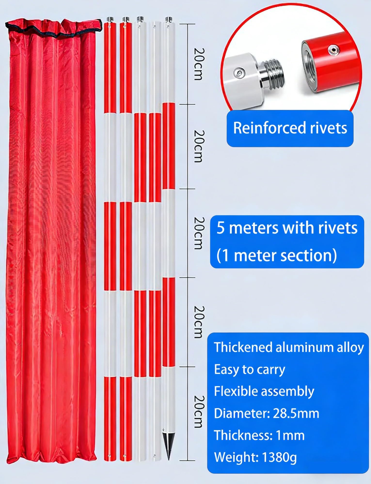 Poste topográfico de aluminio rojo resistente de 2/3/5 metros, varilla de grado for topografía, construcción de carreteras y medidor de profundidad(5 meters/16.4ft)
