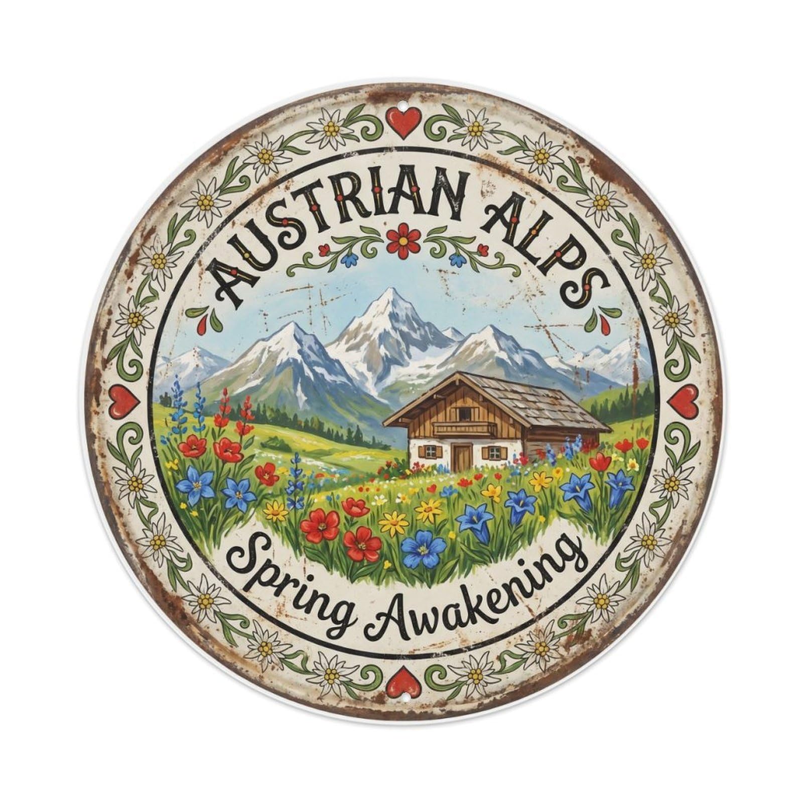 Vintage Travel Austrian Alps Spring Metal Tin Sign