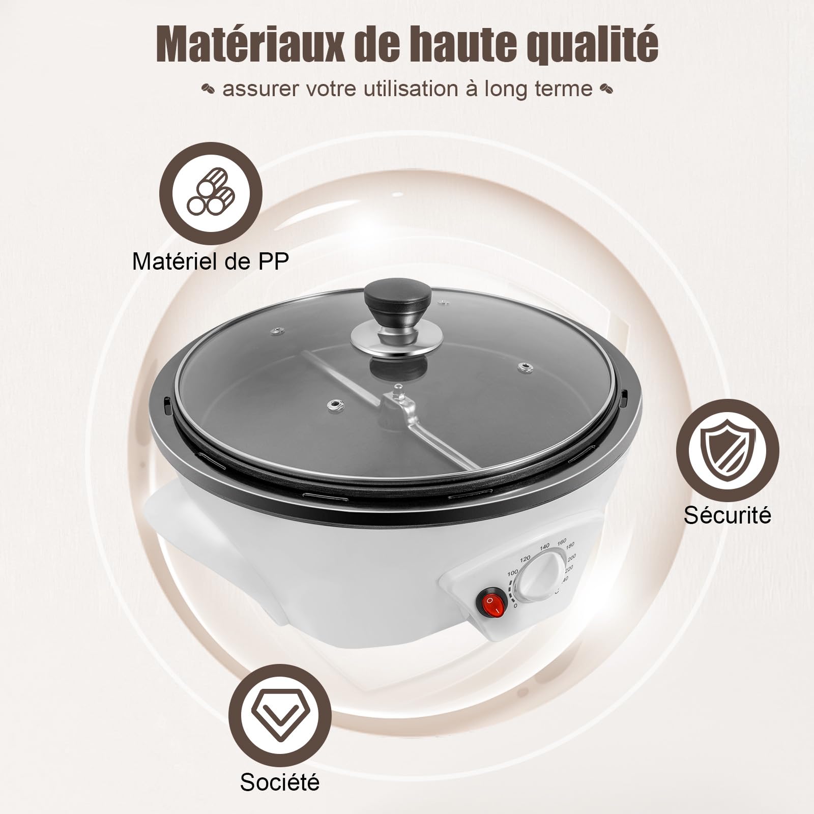 TorréFacteur De Café 1200w Avec TempéRature RéGlable Pour TorréFier Les Grains De Café CacahuèTes Graines De Melon Convient Aux DéButants Et Aux Amateurs De Café (Blanc)