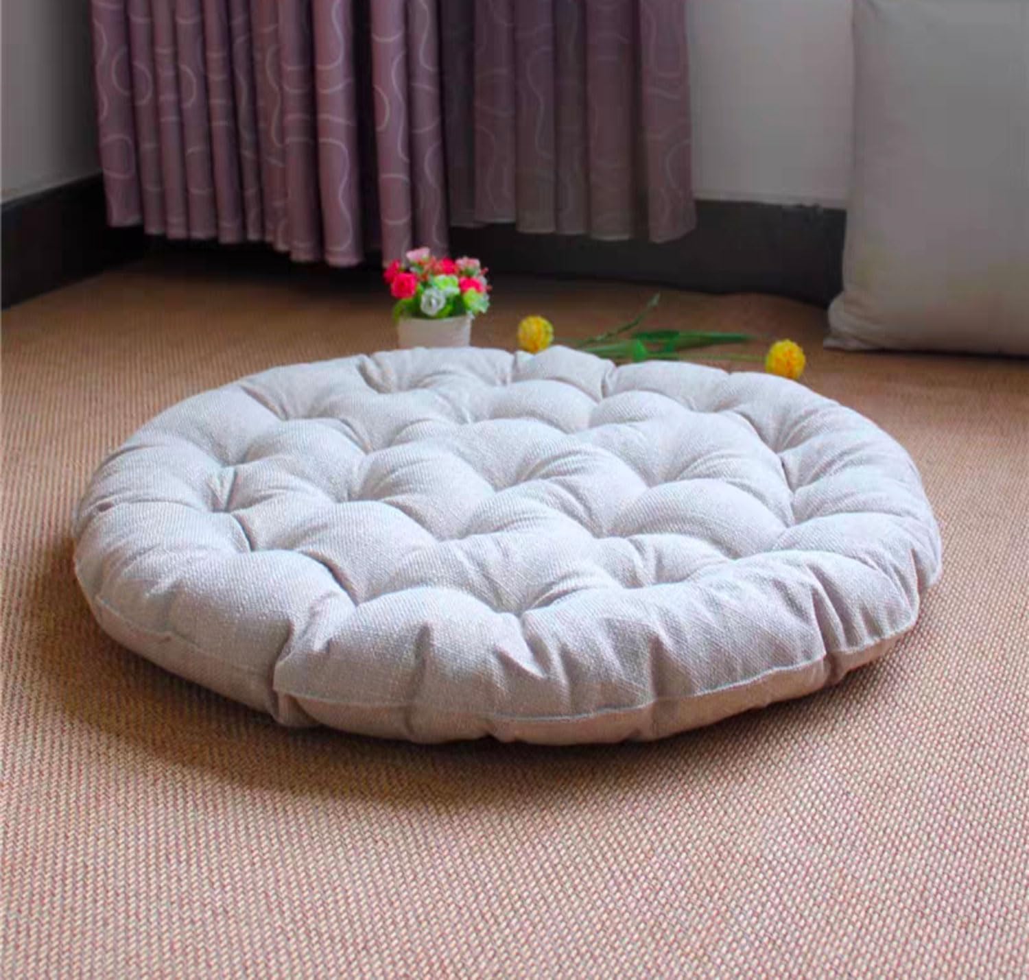 805995 Large Linen Floor Cushions,Round Futon Pillows/Tufted Floor Pillows Meditation Cushions for Seating On Pad for Yoga Sofa Balcony(Size:65x65cm(26x26inch),Color:Beige)-image-6