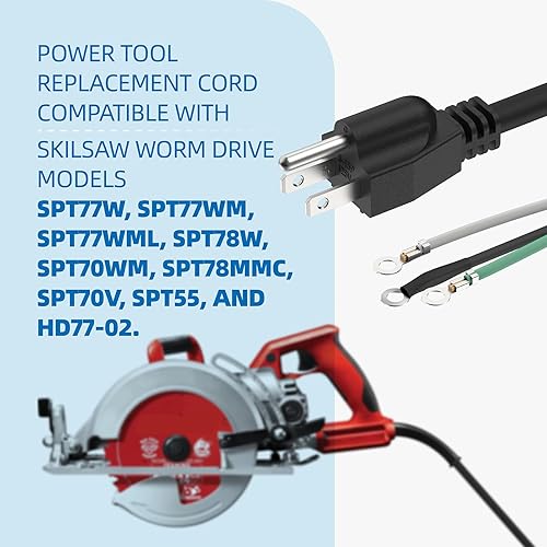 Miniatura 5 de 95104L - Conjunto de cable de repuesto para sierra circular, cable de alimentación de calibre pesado para sierra SKIL SPT77W, SPT77WM, SPT77WML,