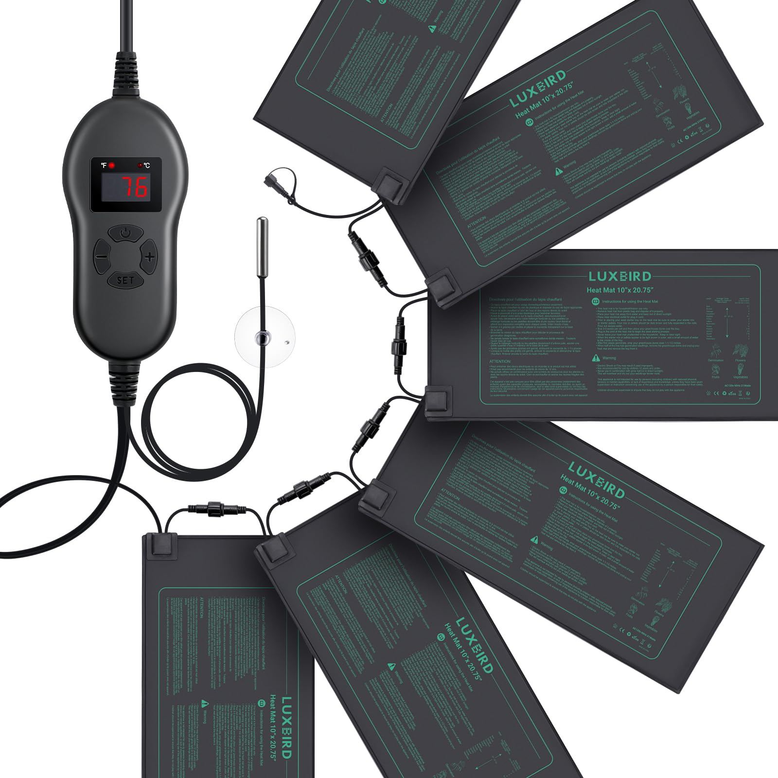 LUXBIRD 6 Pack 30W Seedling Heating Mats 10" x 20.75" with Thermostat Controller, Idea for Seed Starting, Germination, Greenhouse (LB-HT06)