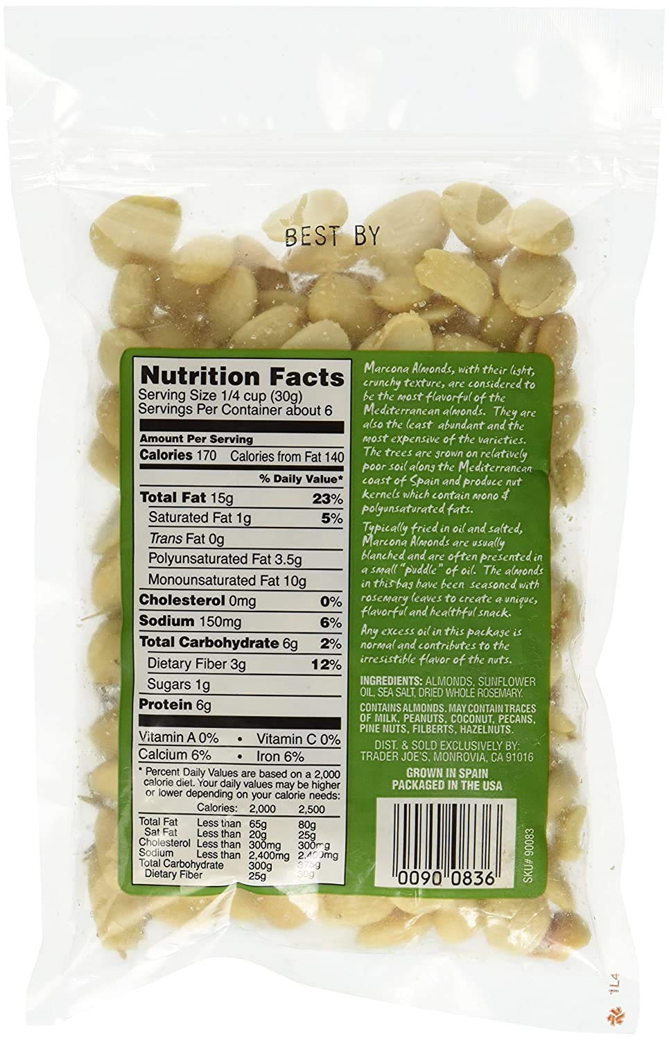 Trader Joe`s Roasted and Salted Marcona Almonds with Rosemary Net Wt. 6oz. (170g) image 2